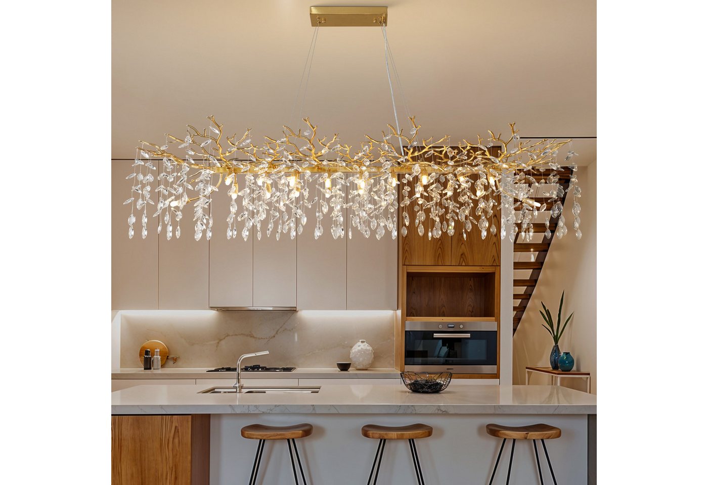 Surtime Kronleuchter rechteckig, 120 cm, Goldfarben, 14x G9, Kristall, 20 G9-Fassungen für gleichmäßiges Licht, LED wechselbar, 3000 K Warmweiß, K9-Kristalldesign