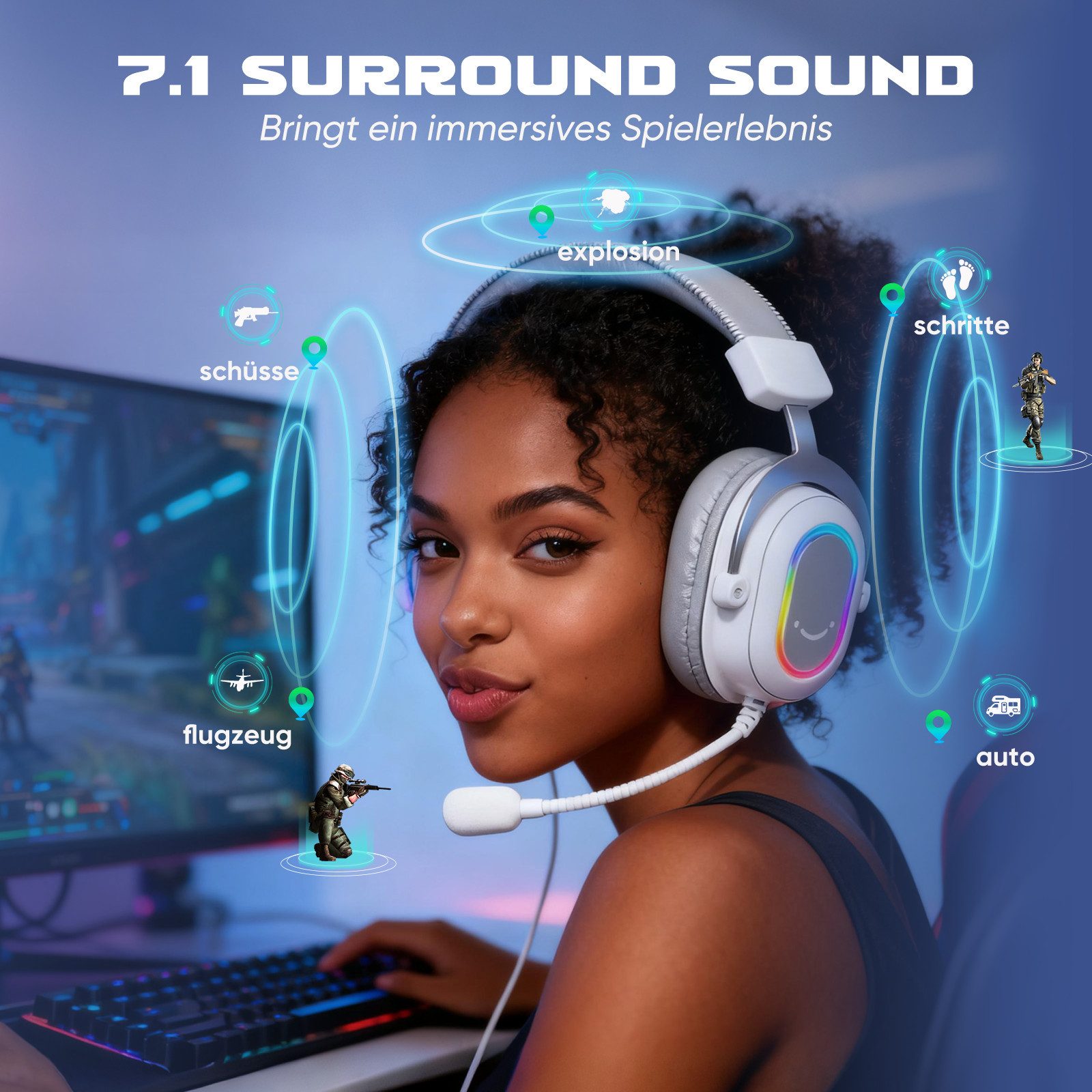 FIFINE Mikrofon Headset Gaming PC PS4 PS5 mit Mikrofon Over-Ear Kopfhörer mit Kabel, RGB-Design, 3 Sound-Modi, Surround-Sound und Ohrpolster