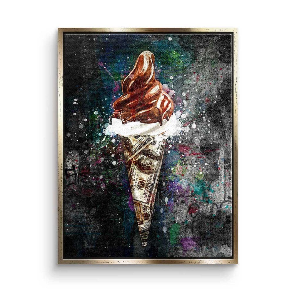 DOTCOMCANVAS® Leinwandbild, Premium Leinwandbild Pop Motivationsbild - - Money Rahmen Art - Ice X Cream weißer