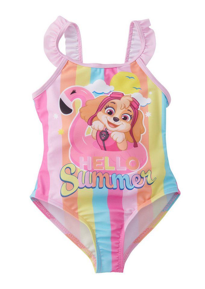 United Labels® Badeanzug Paw Patrol - Skye & Flamingo - Hello Summer - Einteiler mit Rüschen