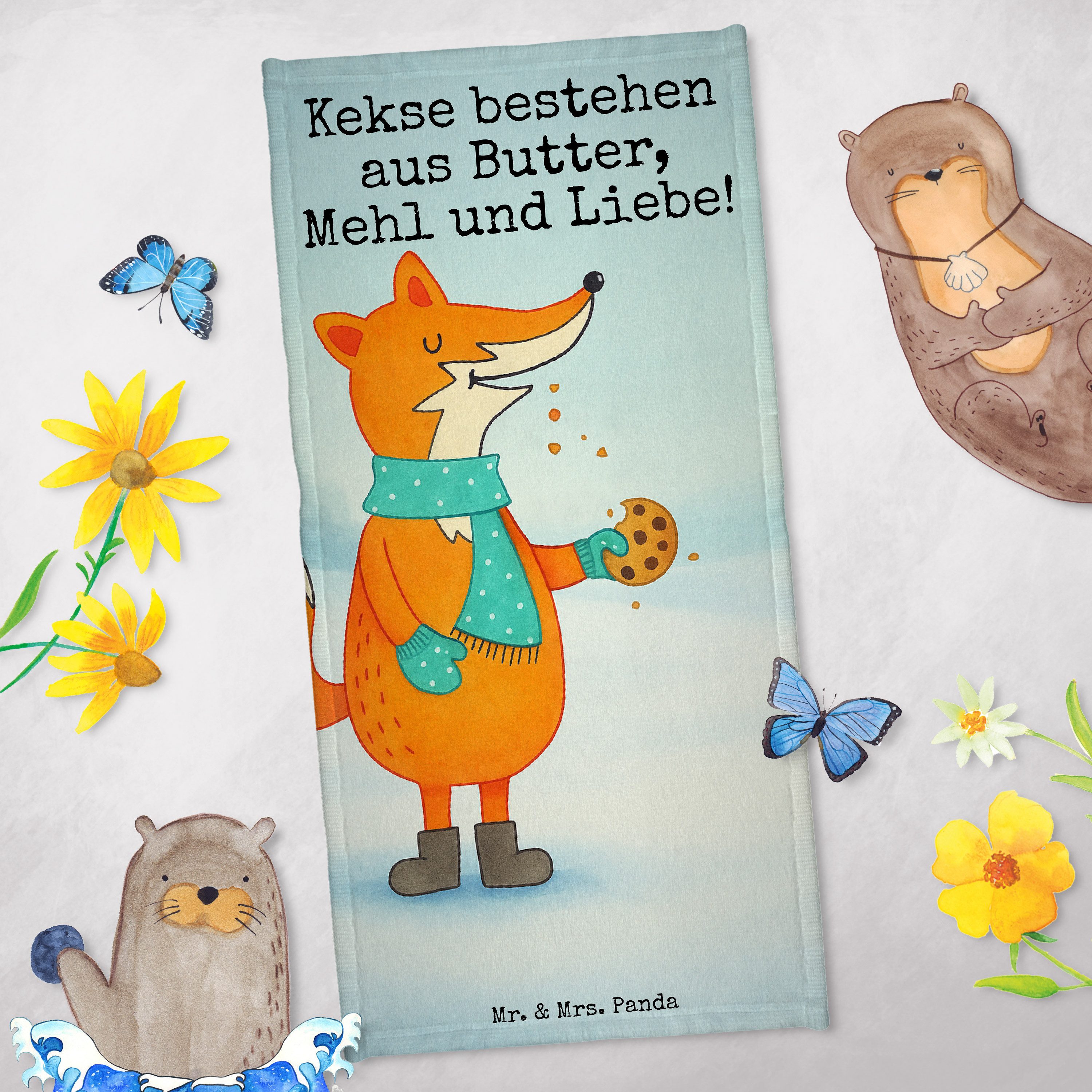 Mr. & Mrs. Panda Handtuch Fuchs Keks Design, Strandtuch, Weiß, Weihnachtlich, Badehandtuch, Dus, Kunstfaser (Packung), Badhandtuch Fuchs Frotteehandtuch