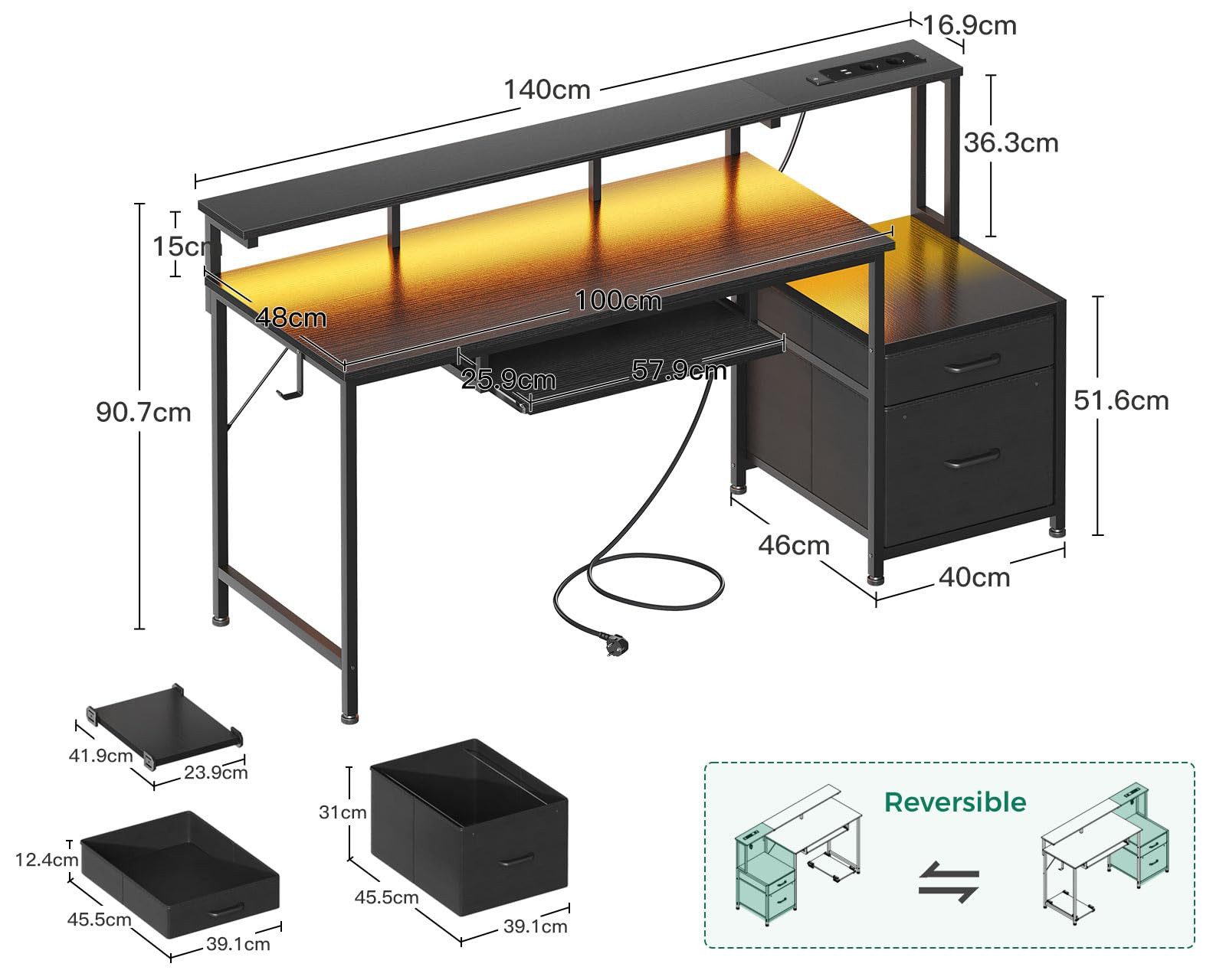 ODK Gamingtisch mit LED-Beleuchtung, Steckdosenleiste und ausziehbarer Tastaturablage (1-St), Mit Stoffschubladen und Monitorständer, 140×48×90,7 cm, Schwarz