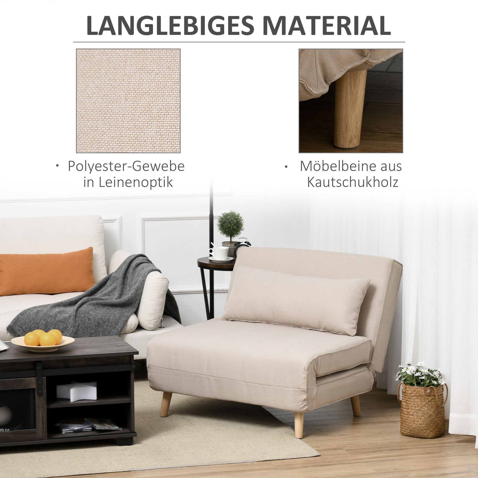 HOMCOM Sessel Rückenlehne Liege, Leinenimitat Tannenholz, Cremeweiß, 94 x 78 x 80 cm (2-Sitzer Sofa, 1-St., 1 x Einzelschlafsofa), mit Bettfunktion – Bild 5 von 5