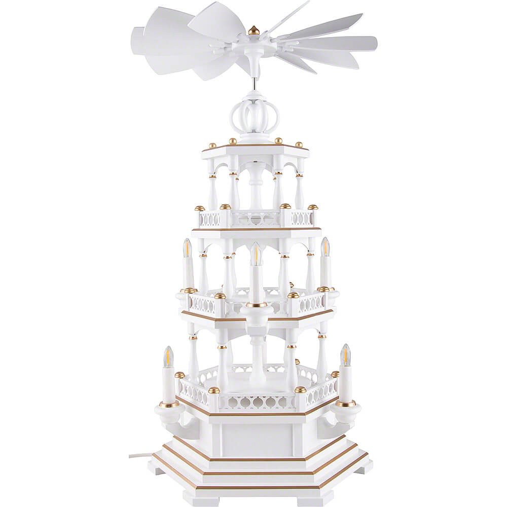 Müller Kleinkunst GmbH Seiffen Weihnachtspyramide 3-stöckige Pyramide unbestückt, weiß-gold (230 V Elektromotor - 58cm)