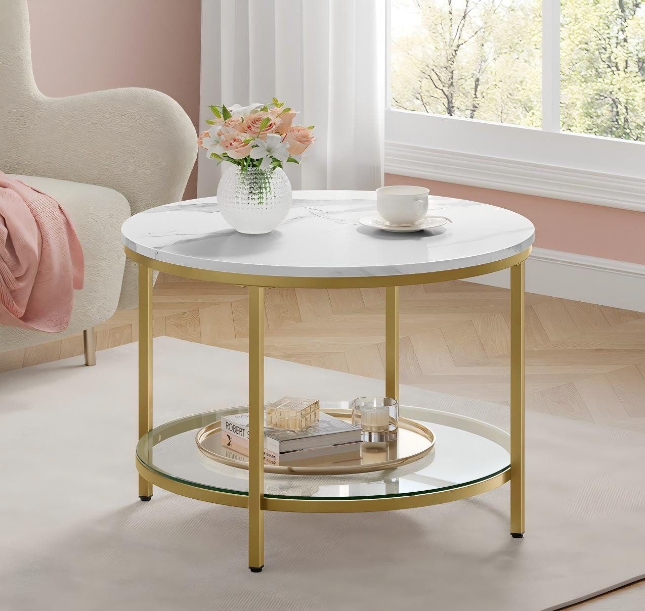 VASAGLE Couchtisch, Beistelltisch, Ø 65/80 x 46cm, Marmoroptik, Hartglasablage unten