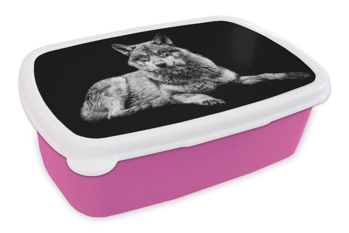 MuchoWow Lunchbox Weiß, Brotbox (2-tlg), für - Snackbox, - Mädchen, Kinder, Kunststoff, Schwarz Wildlife rosa Wolf Brotdose Erwachsene, - Kunststoff