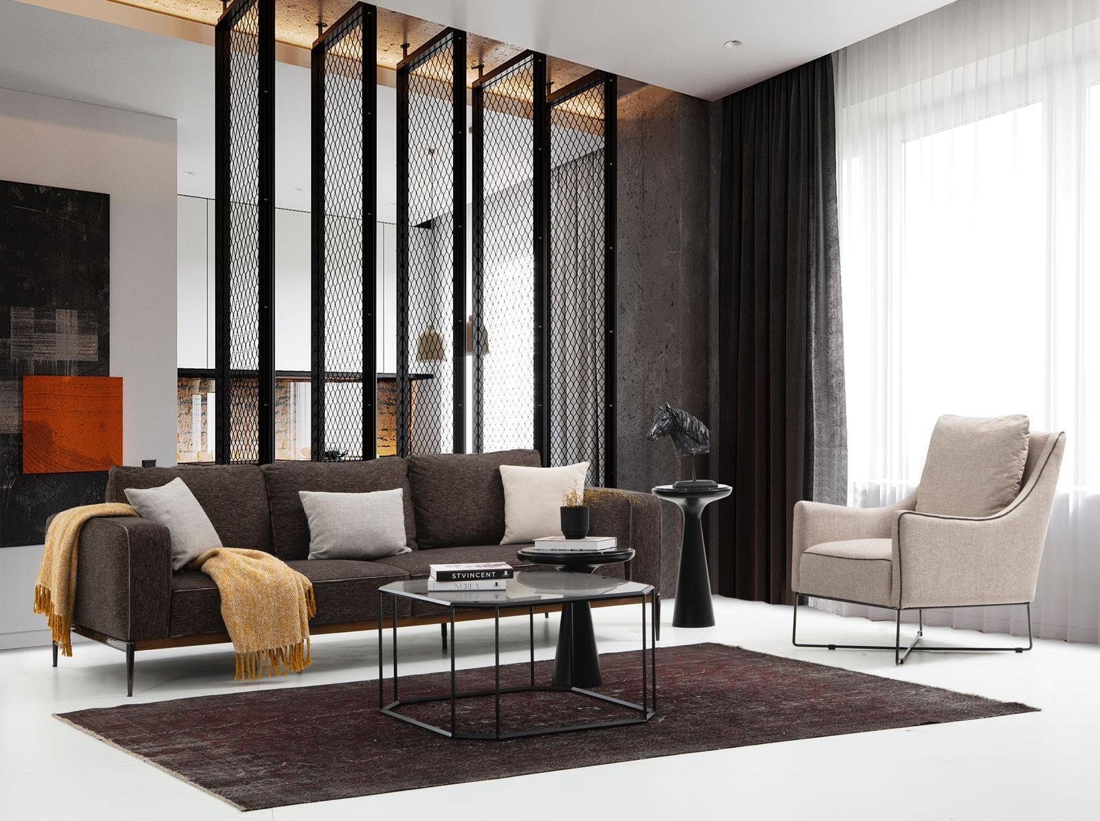 JVmoebel Wohnzimmer-Set Sofagarnitur 2 Sitzer Sessel Zweisitzer Grau Stoff Sofas Modern Design, (2-St., 1x 3-Sitzer + 1x Sessel), Made in Europa