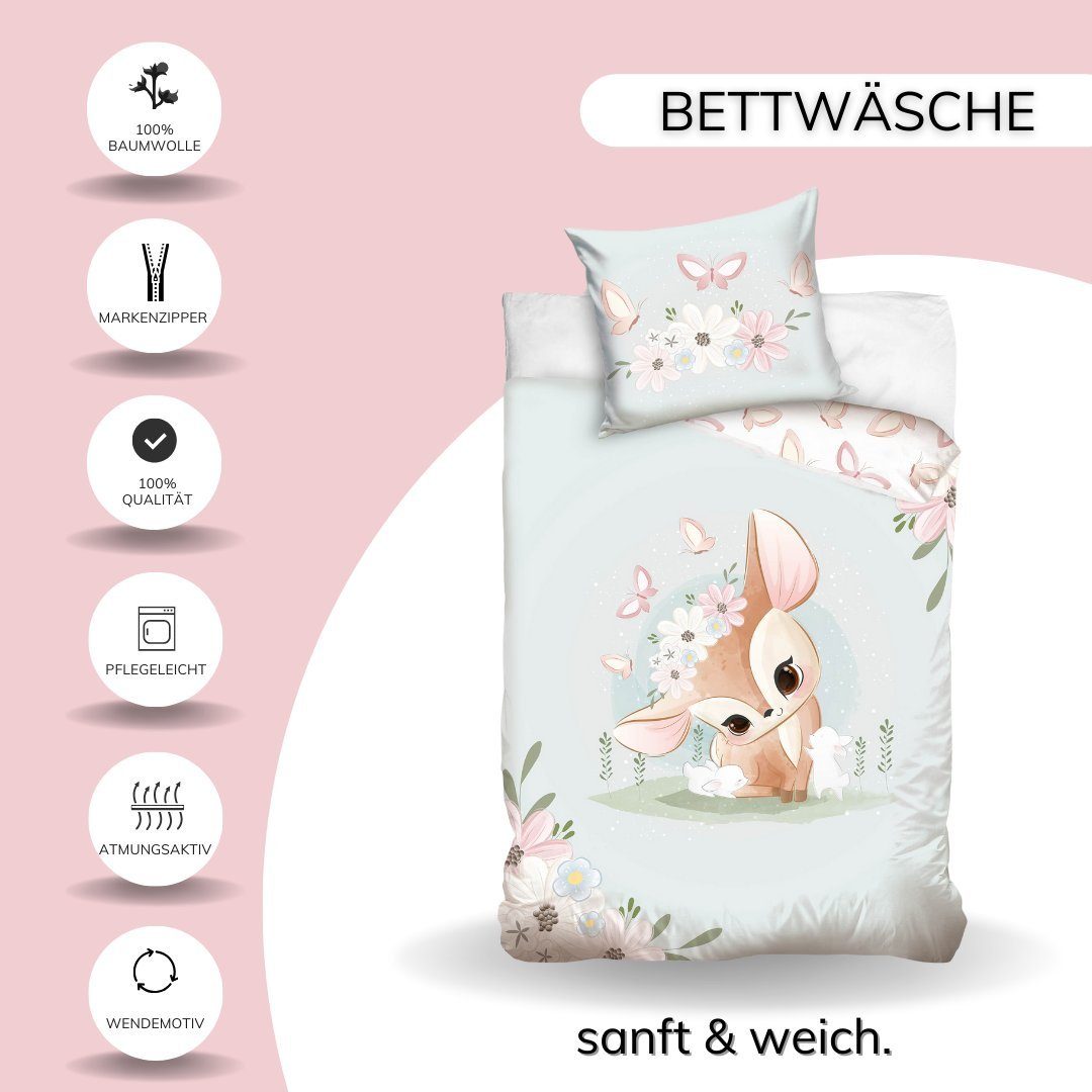 MTOnlinehandel Kinderbettwäsche Blumen Reh, Hase & Schmetterling 135x200 + günstig online kaufen