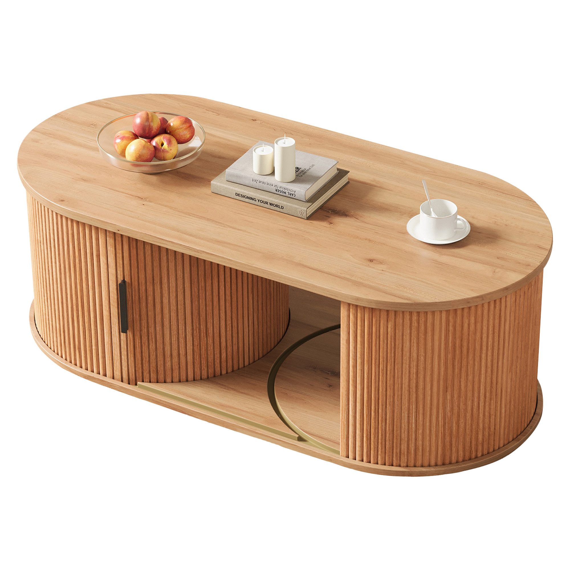 Merax Couchtisch oval Sofatisch mit 2 Rolltüren mit Lamellenoptik, versteckter Stauraum (Wohnzimmertisch Kaffeetisch Beistelltisch, 1-St., 100 x 50 x 33 cm), mit verschiebbarer Trennwand & 5 verschiedenen Aufstellmöglichkeiten