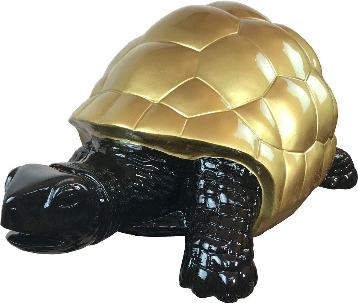 Casa Padrino Skulptur Designer Dekofigur Schildkröte Schwarz / Gold 110 x 48 x H. 45 cm - Wetterbeständige Deko Skulptur - Wohnzimmer Deko - Garten Deko - Designer Deko Tierfigur