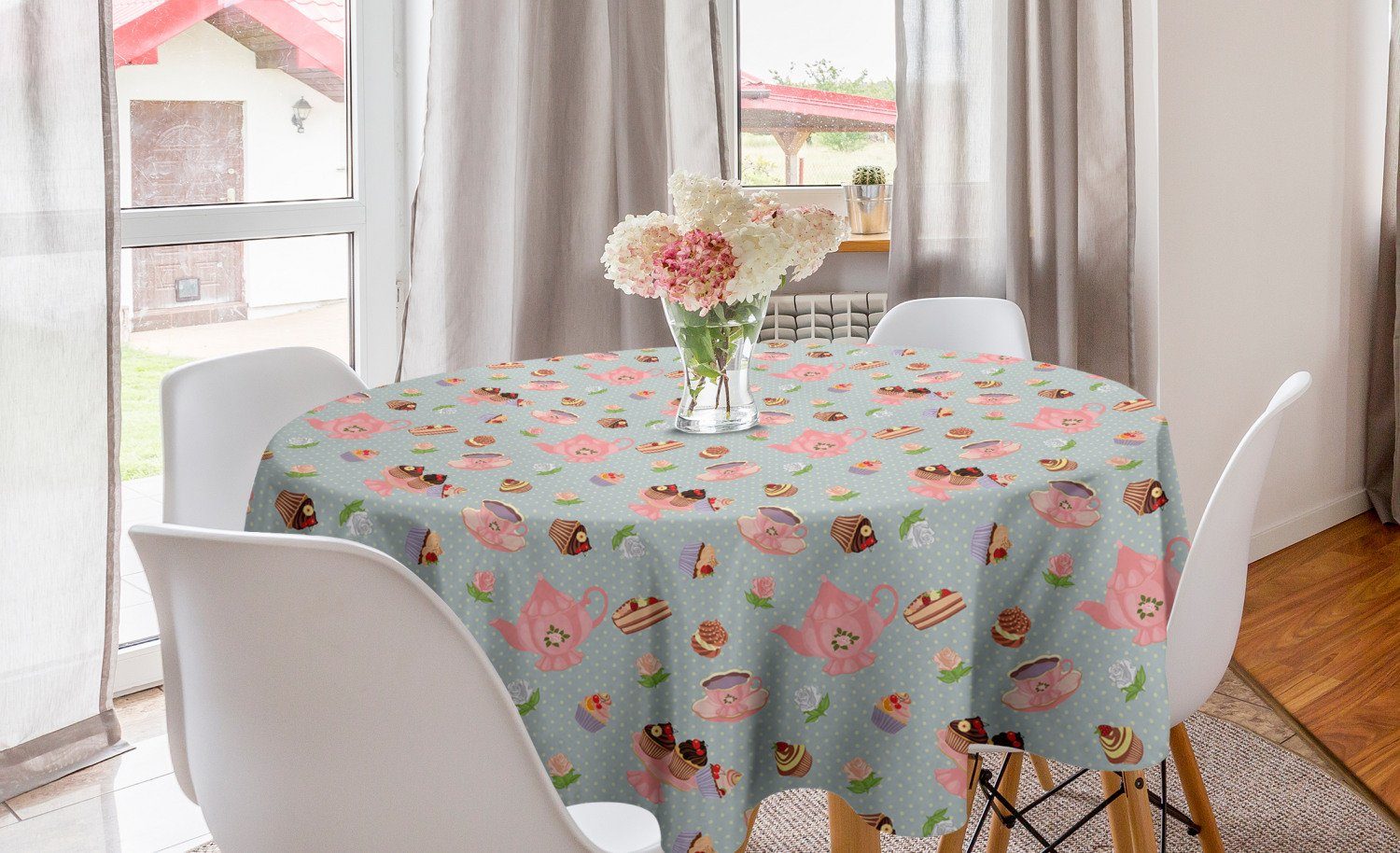 Abakuhaus Tischdecke Kreis Tischdecke Abdeckung für Esszimmer Küche Dekoration, Tee-Party Blumen und kleine Kuchen