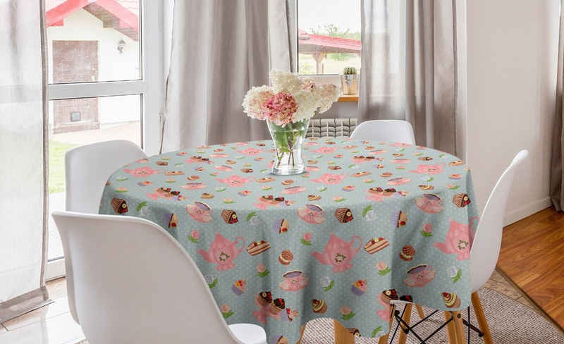 Abakuhaus Tischdecke Kreis Tischdecke Abdeckung für Esszimmer Küche Dekoration, Tee-Party Blumen und kleine Kuchen