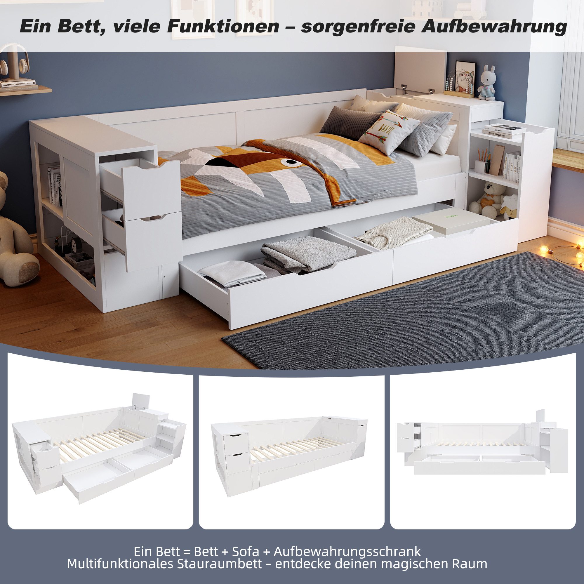 Flieks Kinderbett, Stauraumbett Daybett 140x200cm mit Schubladen, Regalen und Nachttisch
