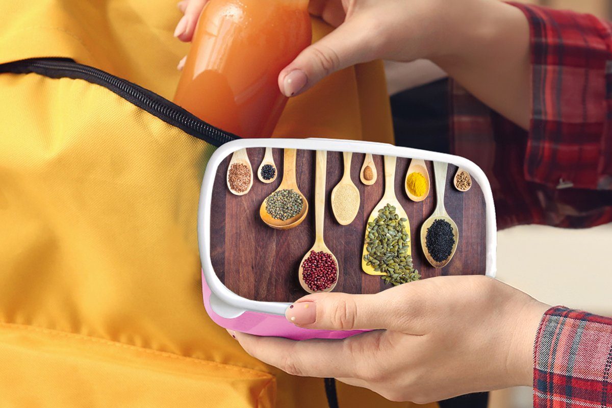 MuchoWow Lunchbox Verschiedene Snackbox, (2-tlg), Kunststoff Kinder, Kräuter Brotbox Erwachsene, Mädchen, für Kunststoff, Löffeln, auf rosa Brotdose