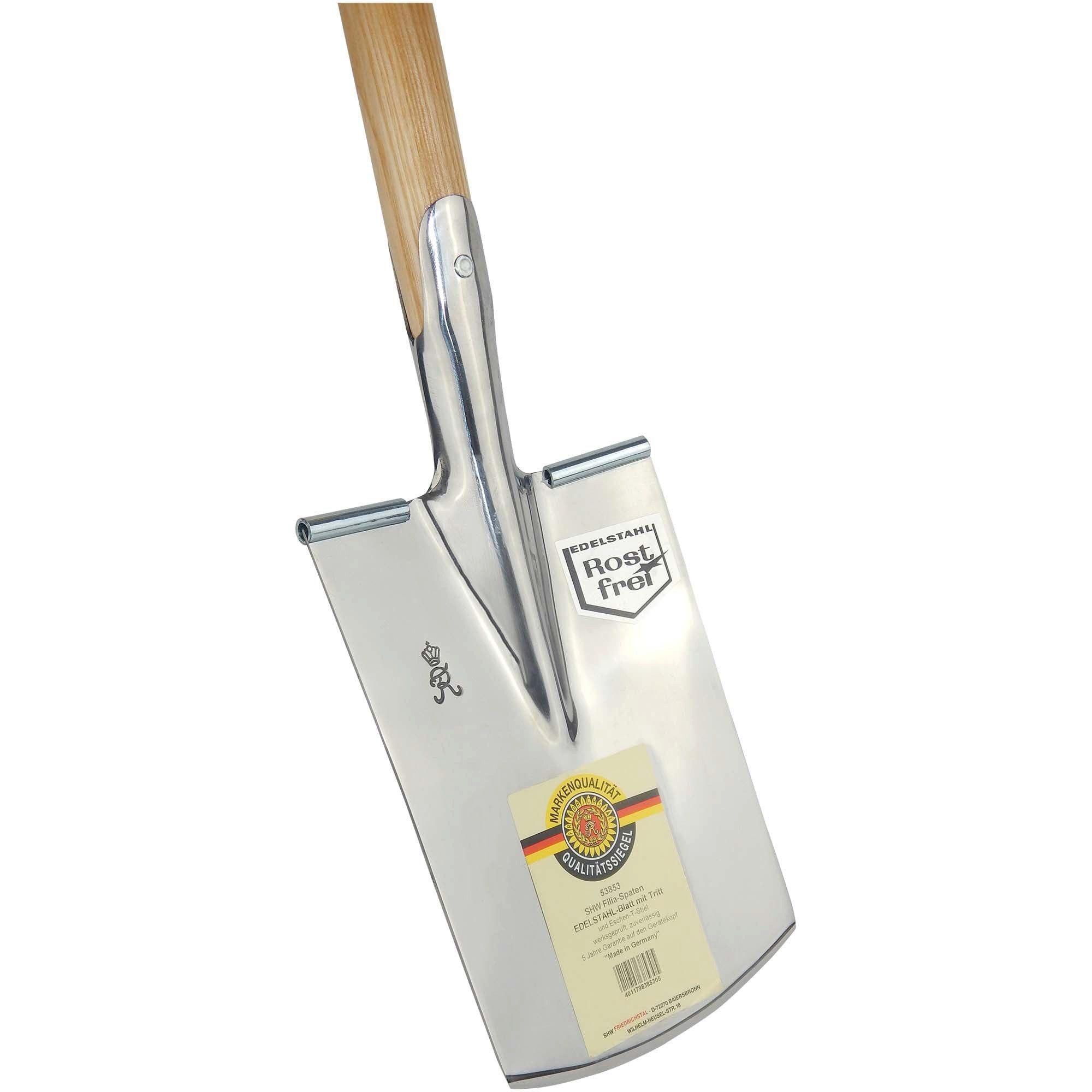 SHW Spaten SHW Filia-Gärtnerspaten Edelstahl 1/1 poliert mit Spatentritt u. Stiel, Rostfreier Edelstahl, ergonomisches Design