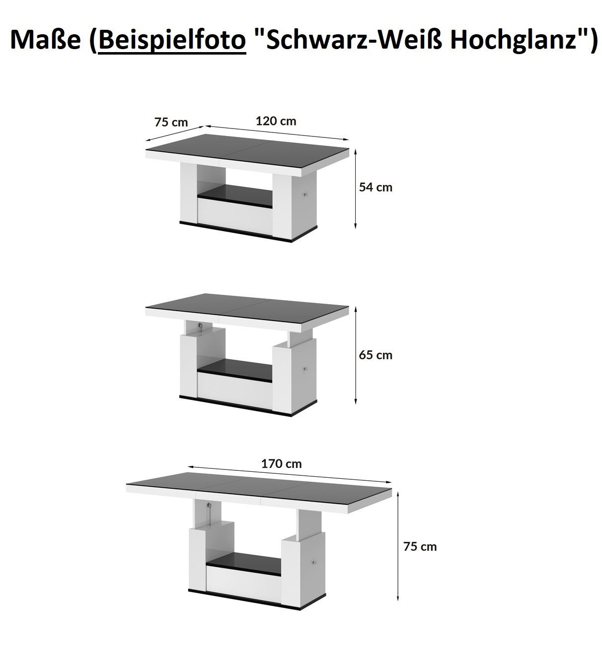 Grau Grau Hochglanz HM-111 designimpex ausziehbar / Weiß / Weiß höhenverstellbar Hochglanz Schublade Hochglanz Couchtisch