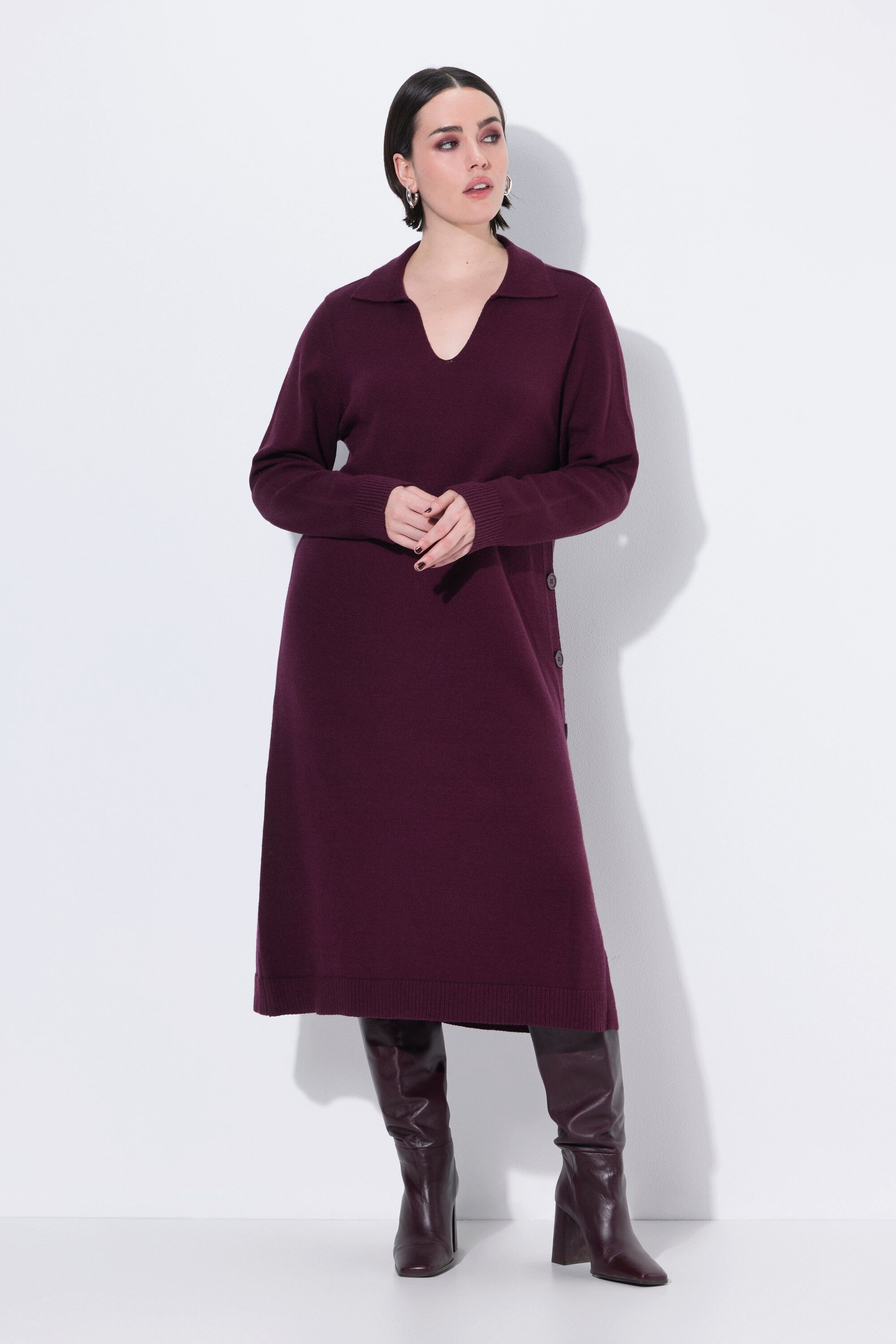 Ulla Popken Maxikleid Midi-Strickkleid Hemdkragen V-Ausschnitt Langarm