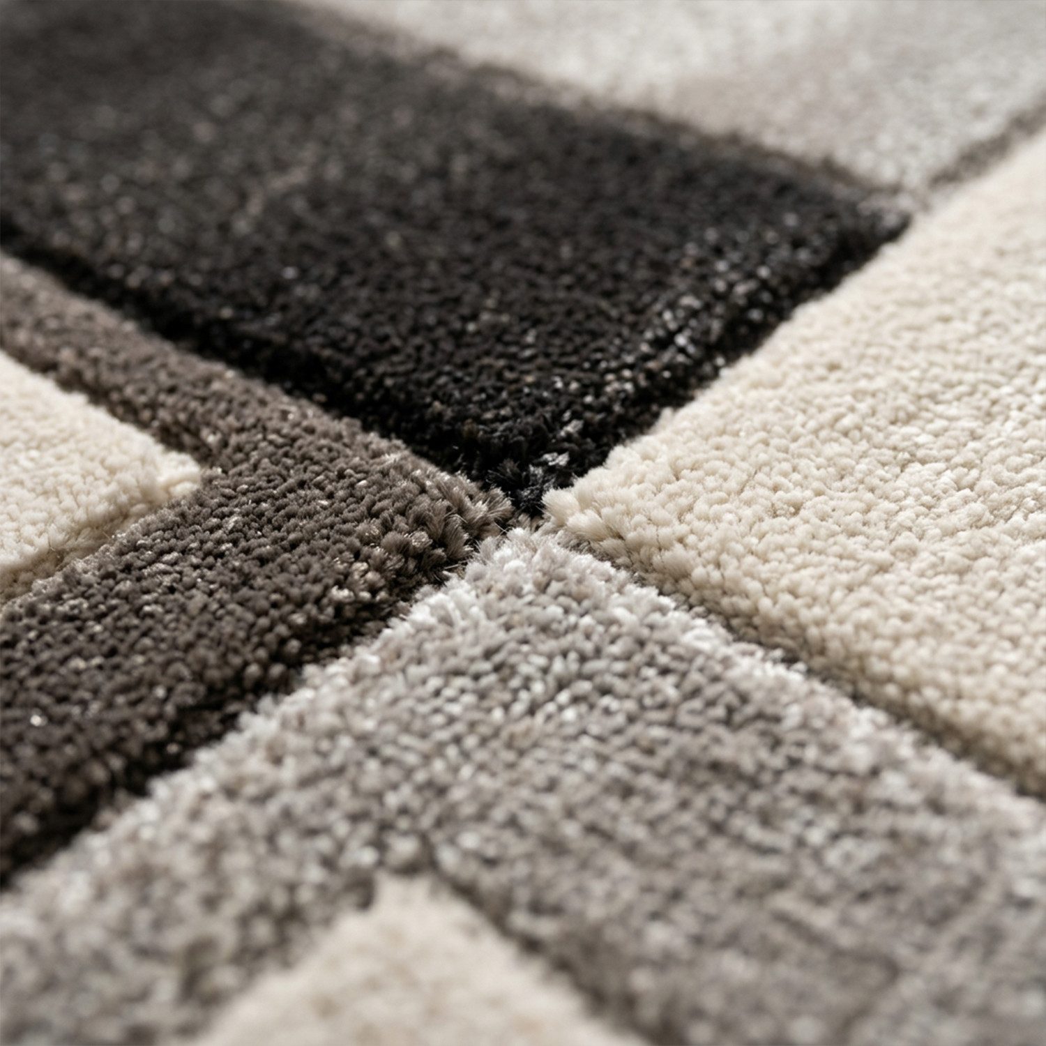 Vimoda Designteppich Wohnzimmer Kariert mit Farbverlauf und Konturenschnitt Grau & Braun, Rechteckig, Höhe: 12 mm, Hochwertiger, karierter Wohnzimmerteppich mit definiertem Schnitt