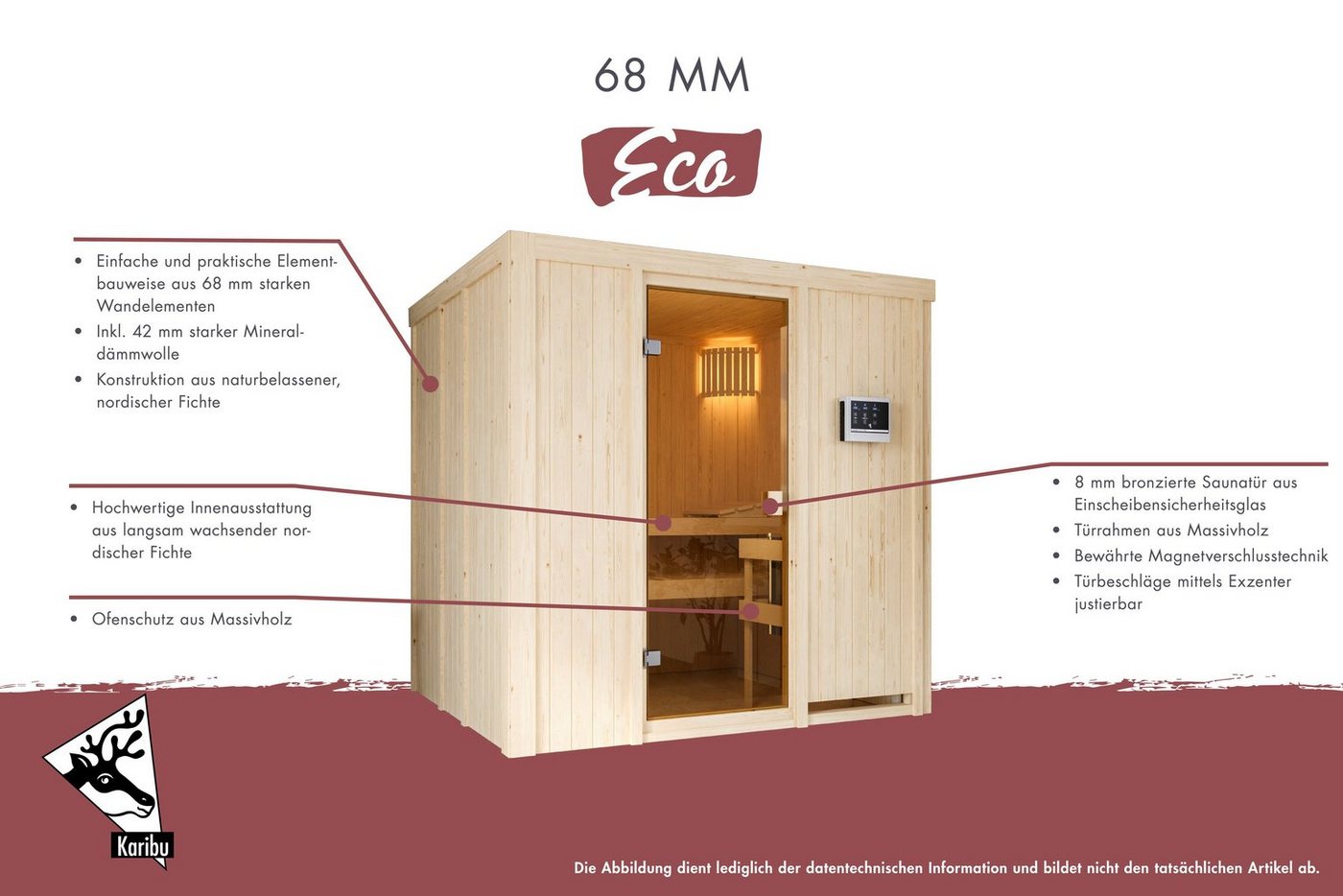 Thumbnail - Karibu Sauna Horna, BxTxH: 231 x 196 x 198 cm, 68 mm, mit integrierter Mineralwolldämmung