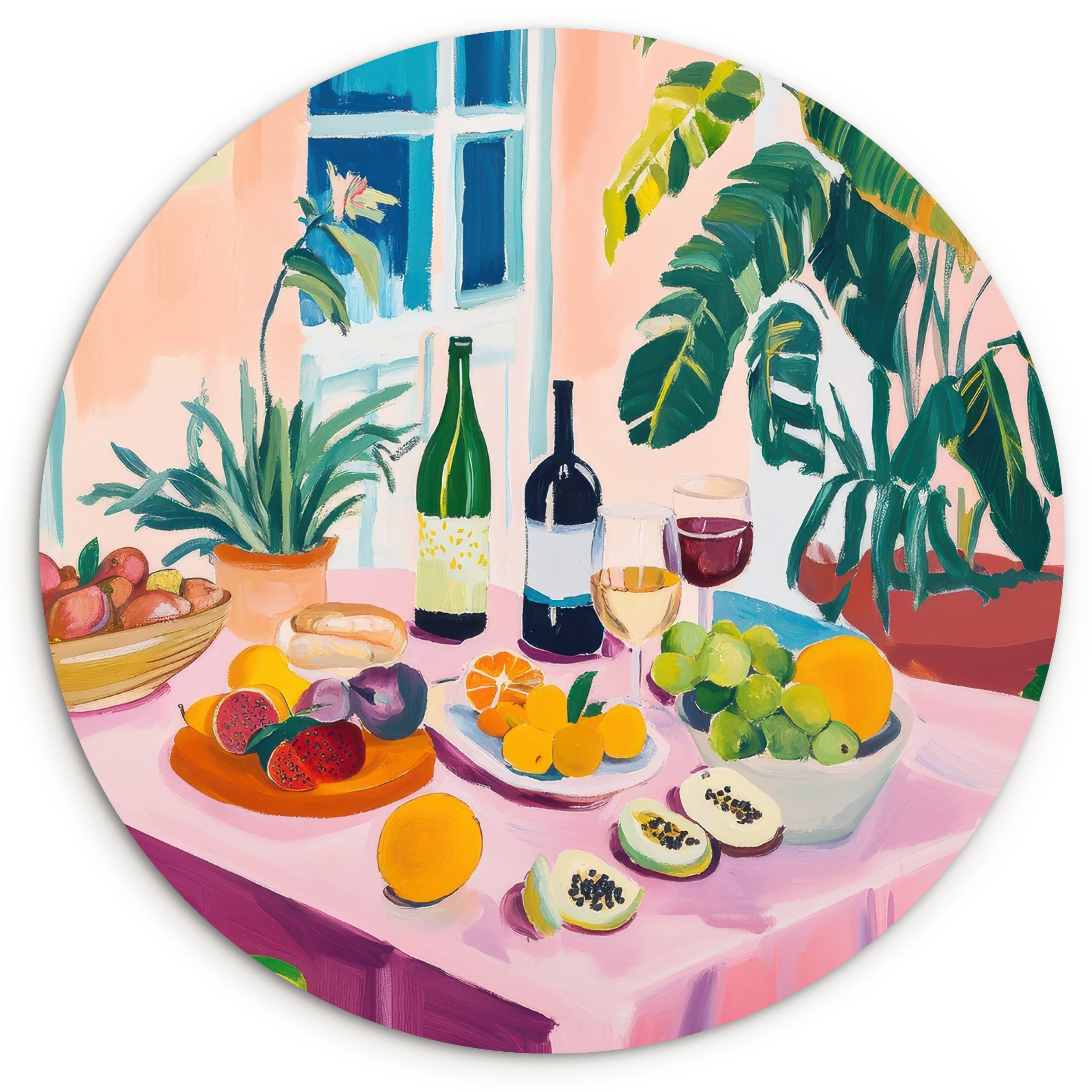 MuchoWow Gemälde Tisch - Wein - Obst, Fotodruck (1 St), Kreis Wanddekoration, Rundes Wandbild, 30x30 cm