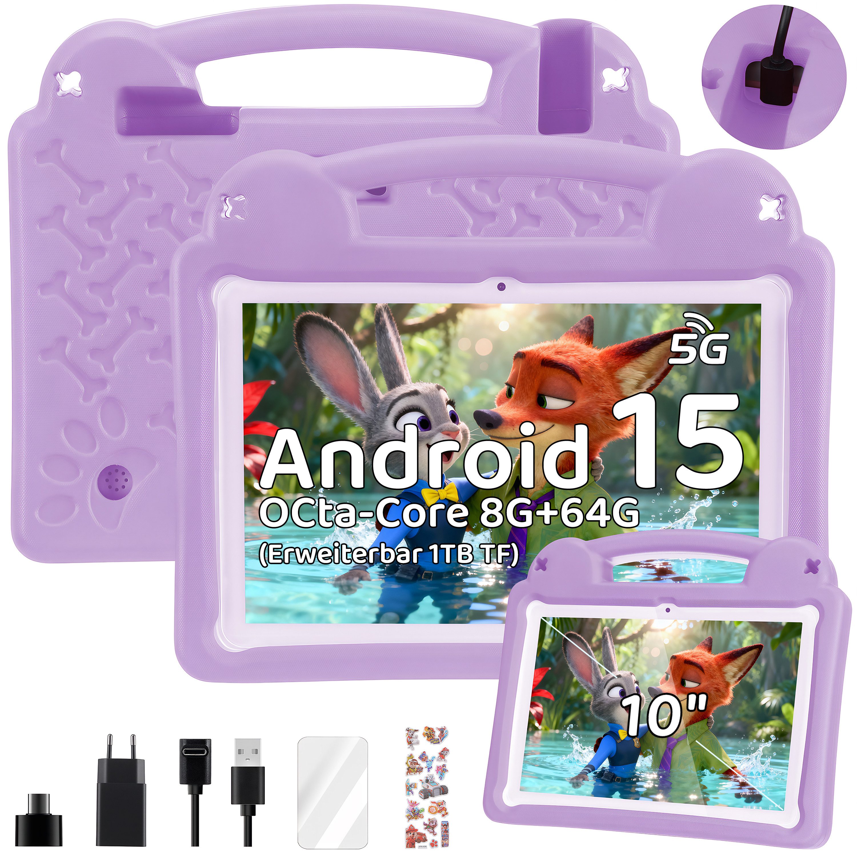WILGOON 10.1'' Kids Android 15 mit Stylus Tablet A523 Octa Core bis 2.0 GHz HD Tablet (10.1", 64 GB, Android 15, 2.4G+5G WIFI6, 6000 mAh mit WiFi 6 Bluetooth 5.0 GMS mit Tasche+Sticker für Kinder)