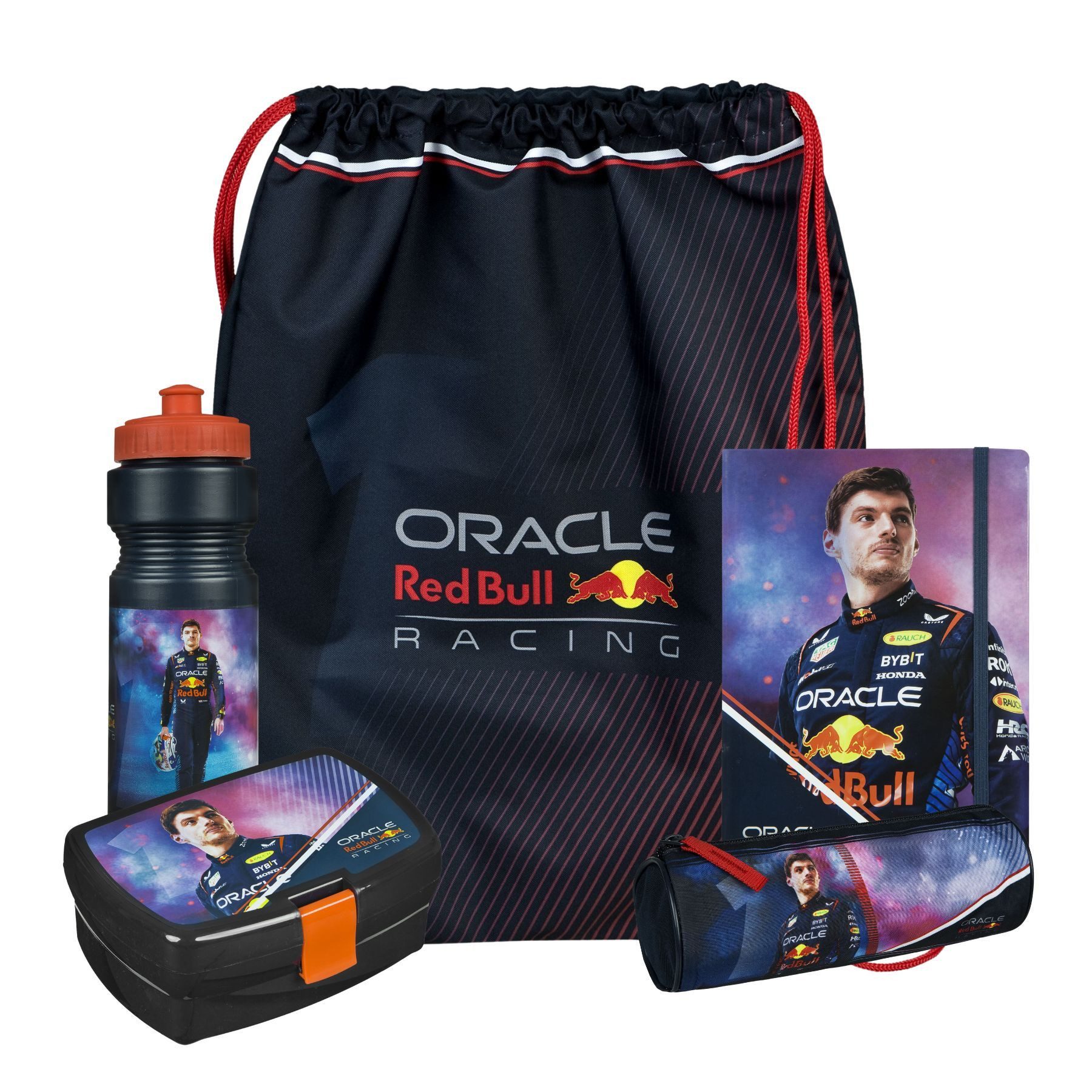 Oracle Red Bull Racing Sporttasche Set mit Turnbeutel, Trinkflasche, Brotdose, Mäppchen & Notizbuch (5-tlg)