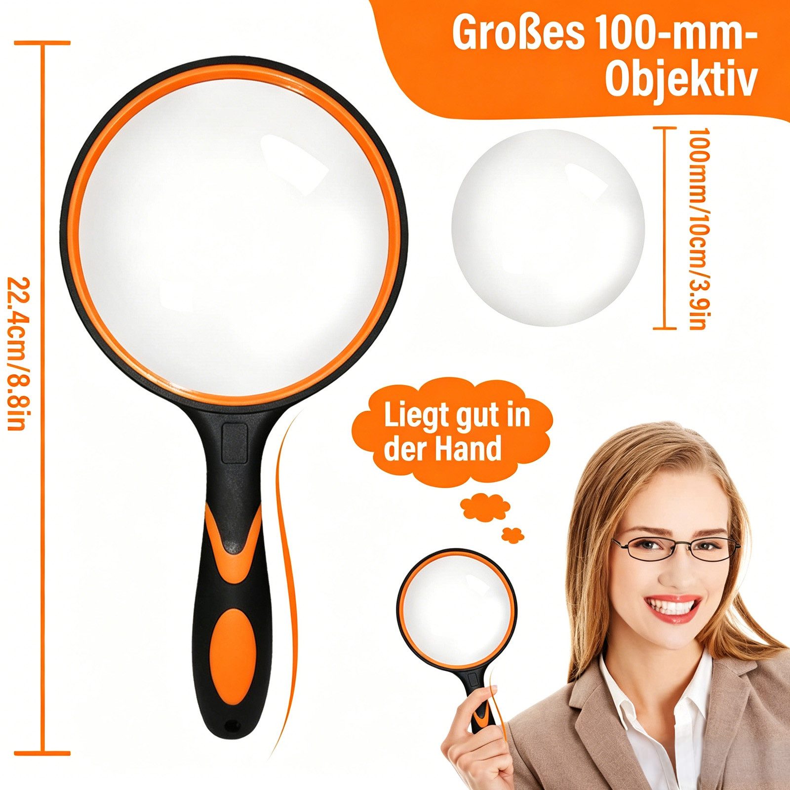 MOPUEA Handlupe Lupe 10 fach 100mm Große HandLupe Leselupe rutschfester Gummigriff, Leselupe Vergrößerungsglas großes Objektiv, erweitertes Sichtfeld, 1-tlg., R – Bild 2 von 5