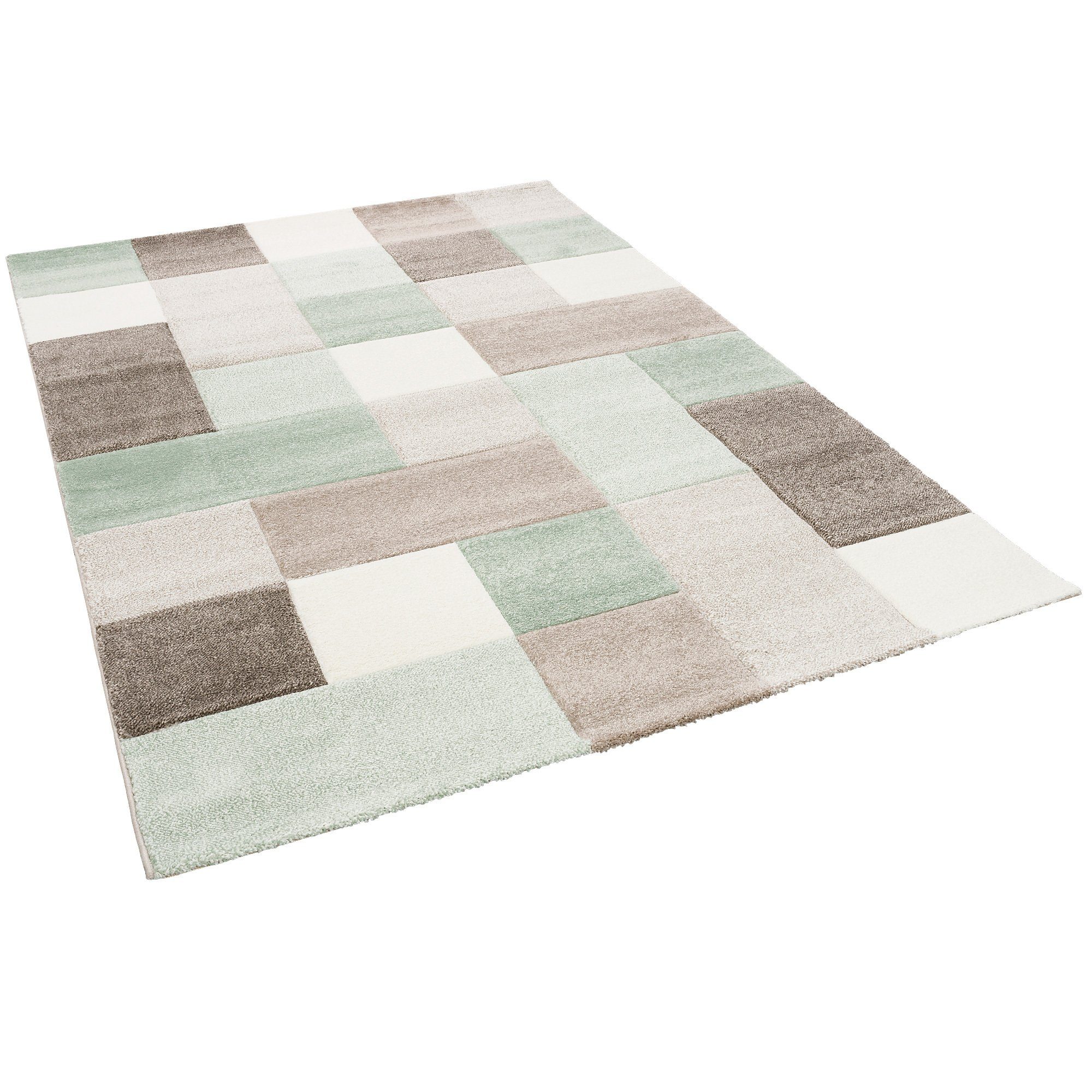 Pergamon Designteppich Designer Teppich Maui Pastell Grün Beige Karo, Rechteckig, Höhe: 13 mm