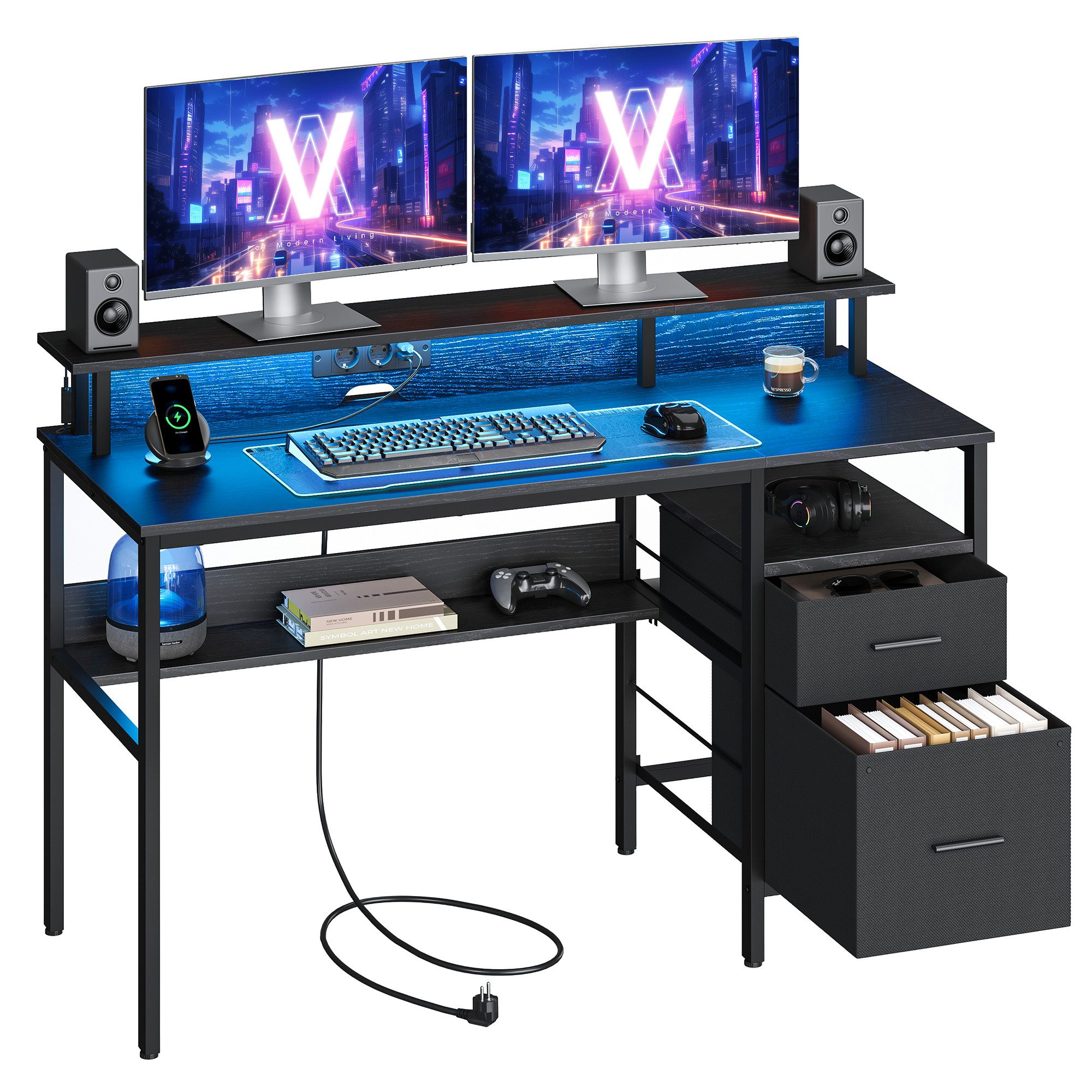 VASAGLE Schreibtisch Computertisch, mit LED-Beleuchtung, eingebaute Steckdo günstig online kaufen