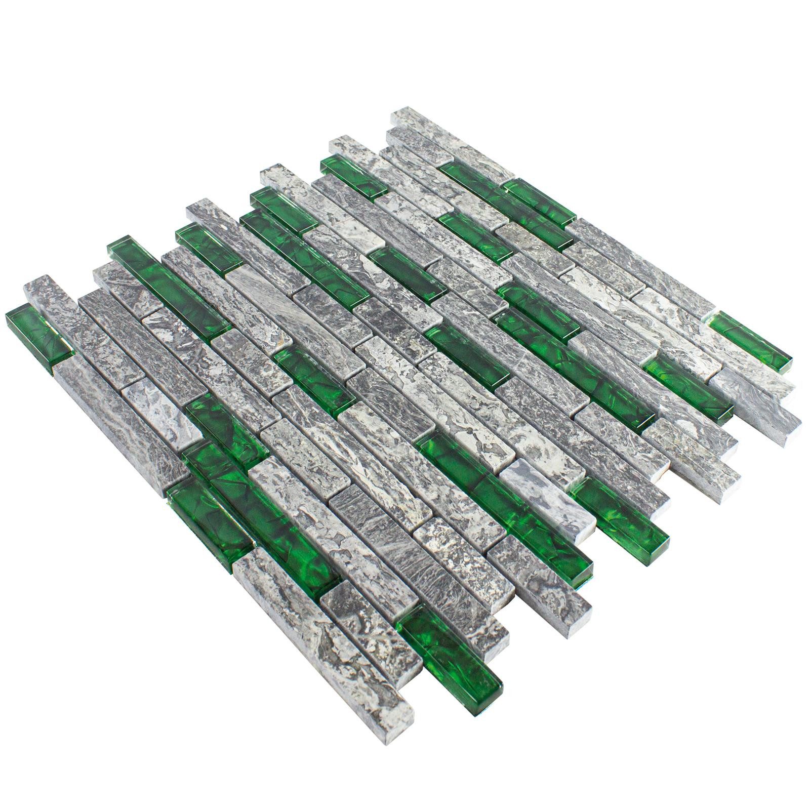 Mosafil Mosaikfliesen Glas Naturstein Mosaik Fliesen Manavgat Brick, Naturstein-Glas 30.000x29.000, grau-grün, Wasserfest