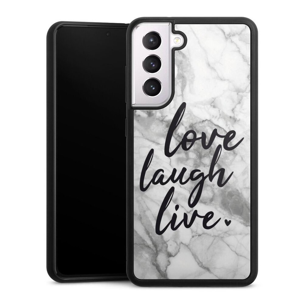 DeinDesign Handyhülle Marmor Sprüche Liebe Love, Laugh, Live Marmor, Samsung Galaxy S21 FE 5G Gallery Case Glas Hülle