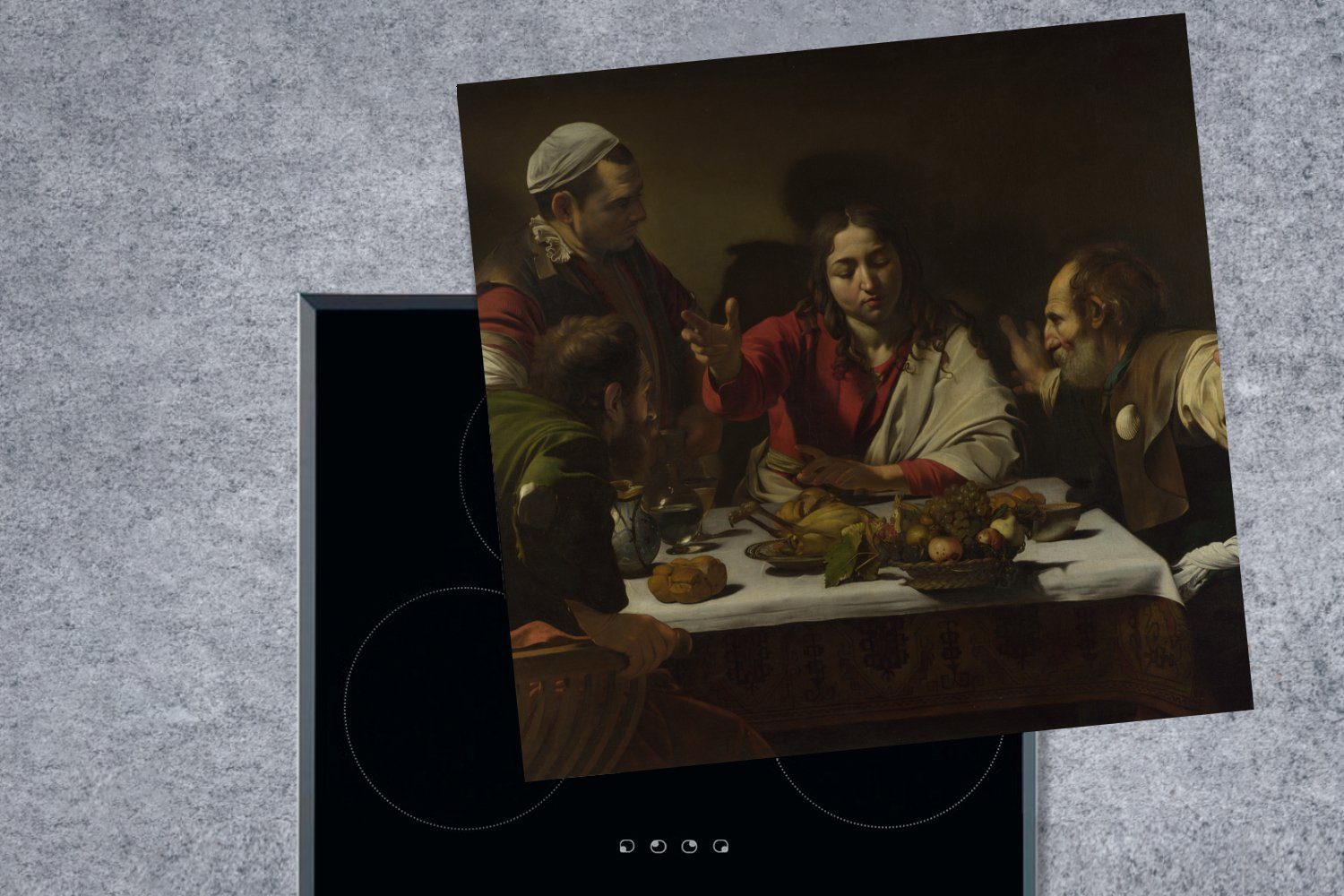 78x78 Herdblende-/Abdeckplatte Ceranfeldabdeckung, Emmaus MuchoWow tlg), Vinyl, Caravaggio, Abendmahl Arbeitsplatte für cm, - küche in (1