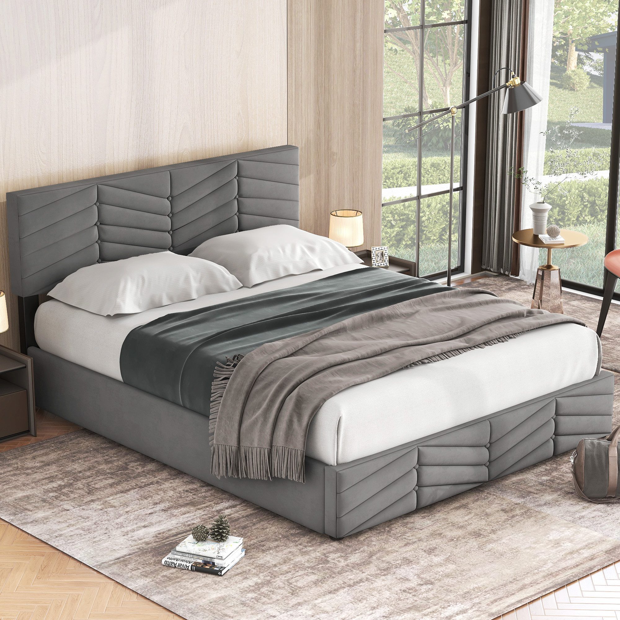 STILVORA Polsterbett Doppelbett 140×200 Jugendbett mit Stauraum,verstellbares Kopfteil (140 x 200,Grau mit Lattenrost ohne Matratze), Continentalbett,höhenverstellbares Kopfteil Allgemeine Daten