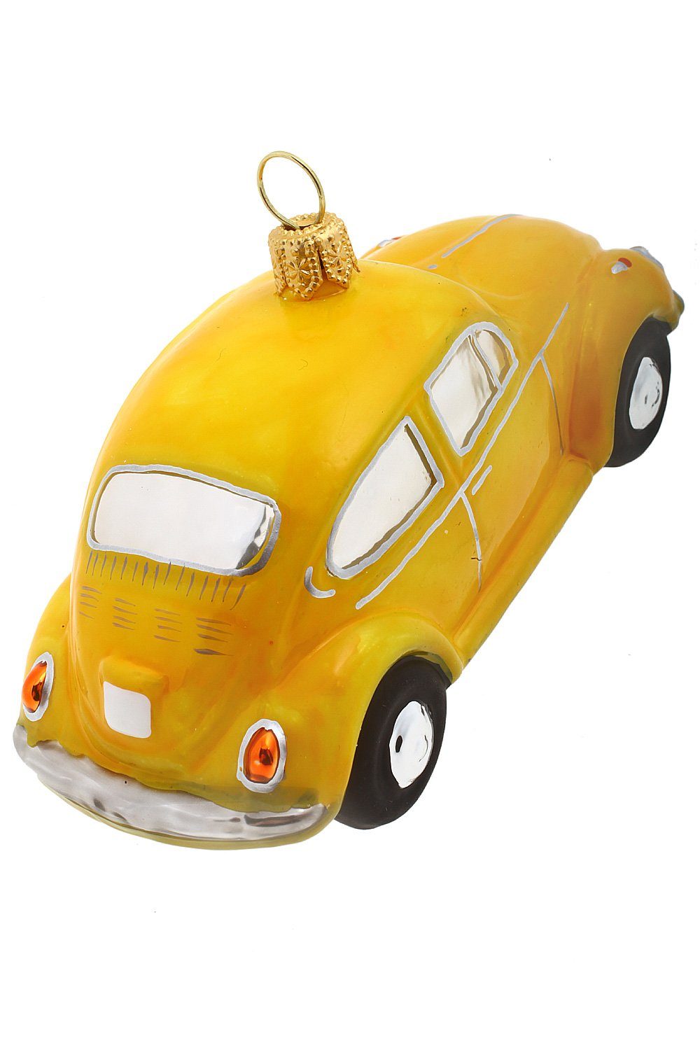 VW Weihnachtskontor gelb, Käfer mundgeblasen Hamburger handdekoriert Dekohänger Christbaumschmuck - -