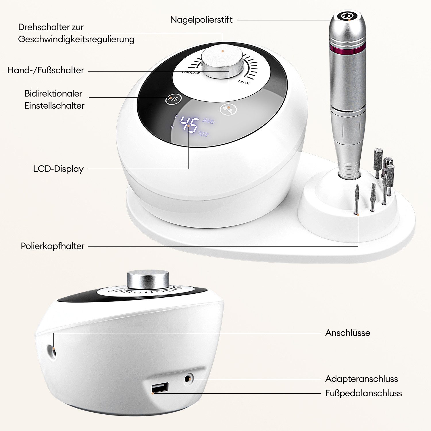 CkeyiN Pro Maniküre-Pediküre-Set Nagelfräser Professionell,45000RPM,Nagelfräser für Gelnägel, für Acrylnägel,mit LCD-Display,Bit-Lock Design, für den Heimgebrau – Bild 5 von 5