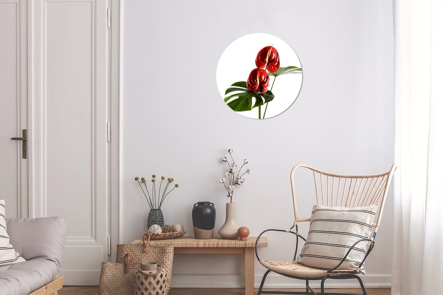 Rundes (1 einem 30x30 Forex, mit Gemälde Blättern vor Kreis MuchoWow St), Wohnzimmer, cm weißen Wanddekoration Wandbild, roten Hintergrund, Monstera
