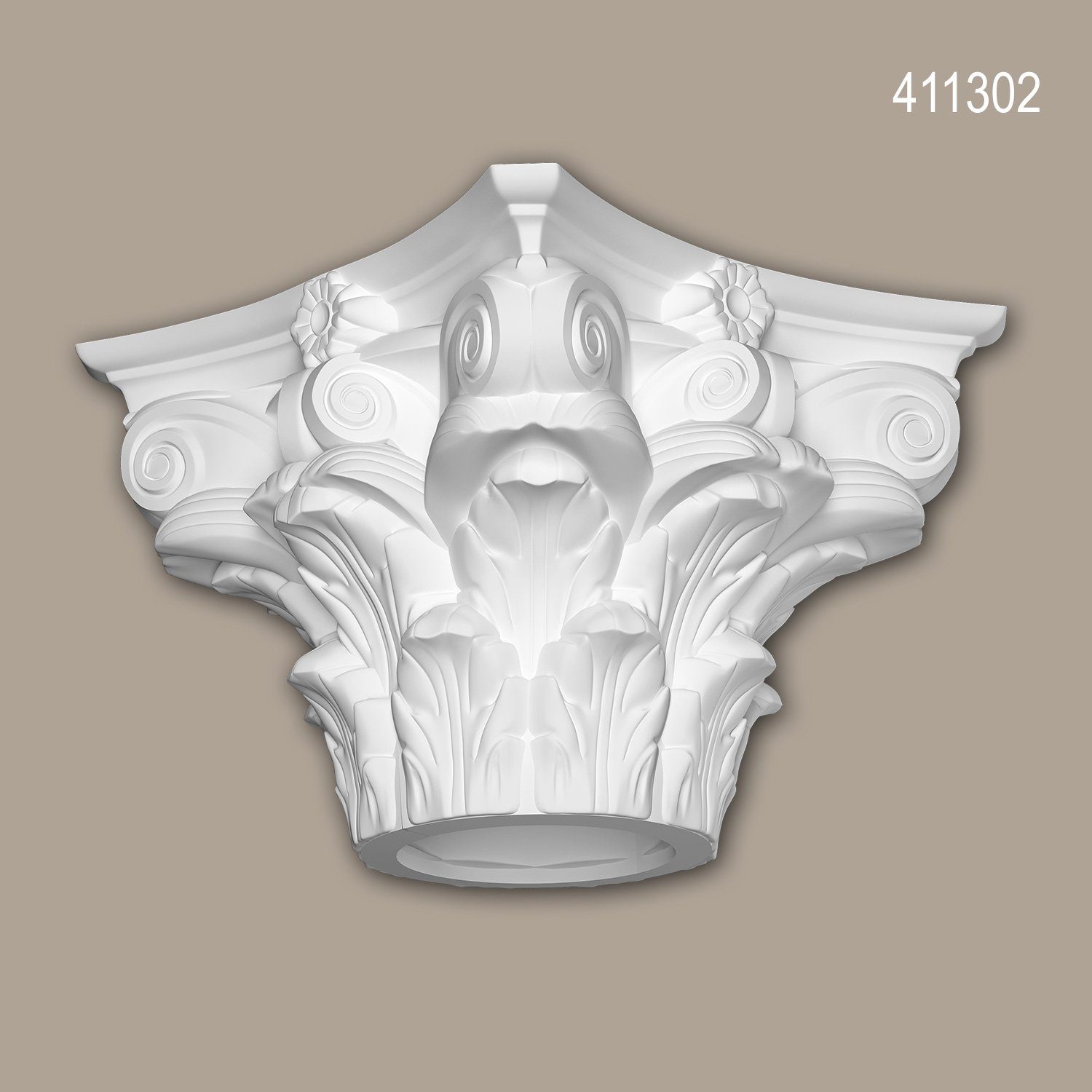 Profhome Wanddekoobjekt 411302 (Vollsäulen Kapitell, 1 St., Fassadenstuck, Säule, Zierelement, Außenstuck), weiß, vorgrundiert, für Fassadendekoration, Stil: Korinthisch