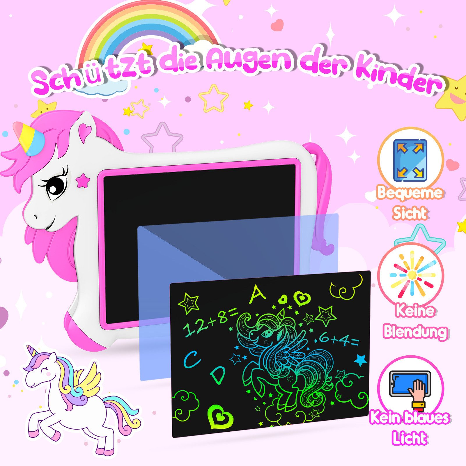 Wootoy Zaubertafel Einhorn Maltafeln Kinder Schreibtafel 10 Zoll Zeichentablet mit Stift, (Stifthalter und elastisches Befestigungsband sorgen, 1-tlg., Kreative Beschäftigung ohne zusätzliches Malzubehör), Kompakte und leichte Bauweise ideal für Zuhause Reisen und unterwegs