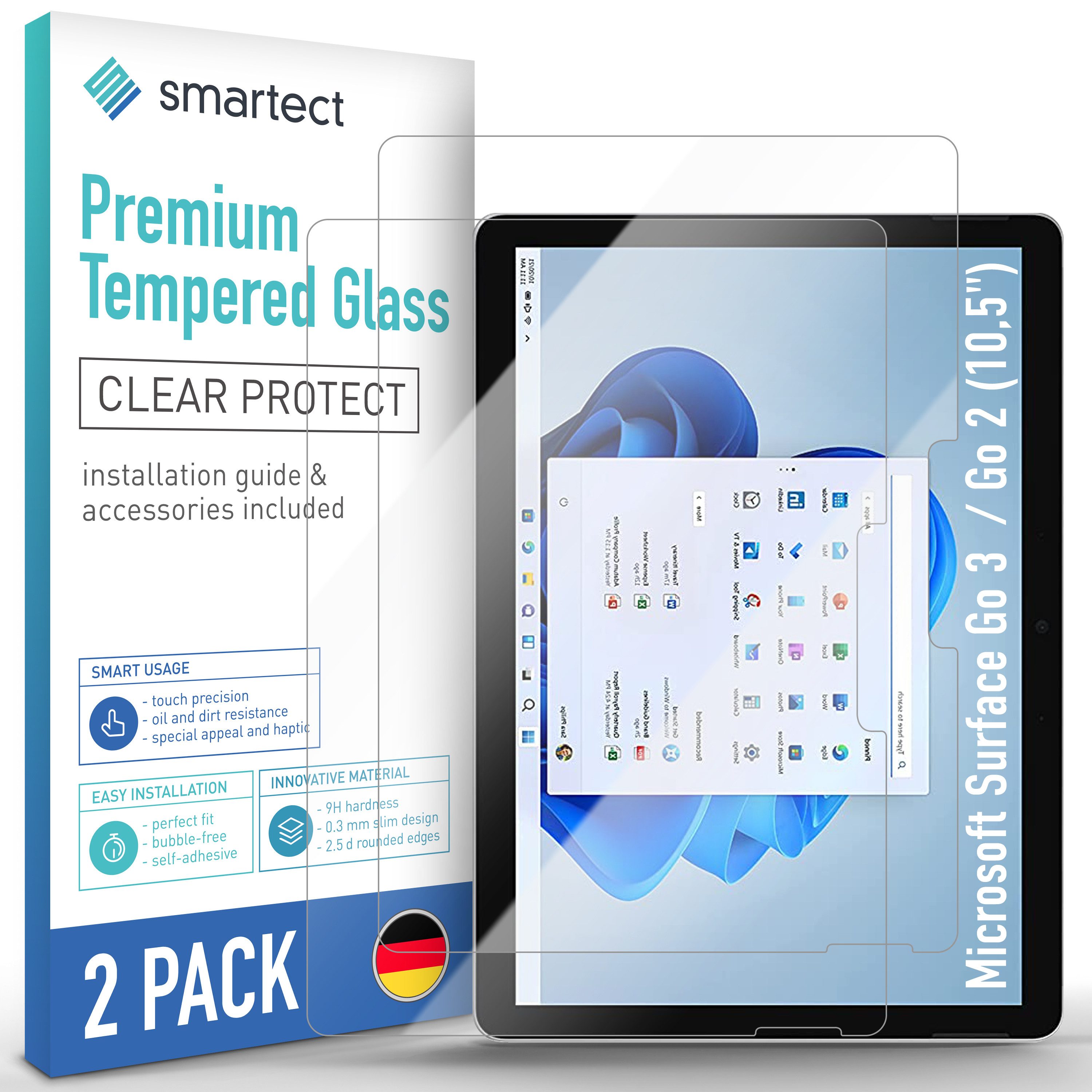 smartect Displayschutzglas Schutzglas Klar für Microsoft Surface Go 3 / Go 2 (10,5), 2 Stück für Microsoft Surface Go 4 / Go 3 / Go 2 (10,5 Zoll), 2 Stück, Anti-Fingerabdruck, 9H Härte, Blasenfreie Installation