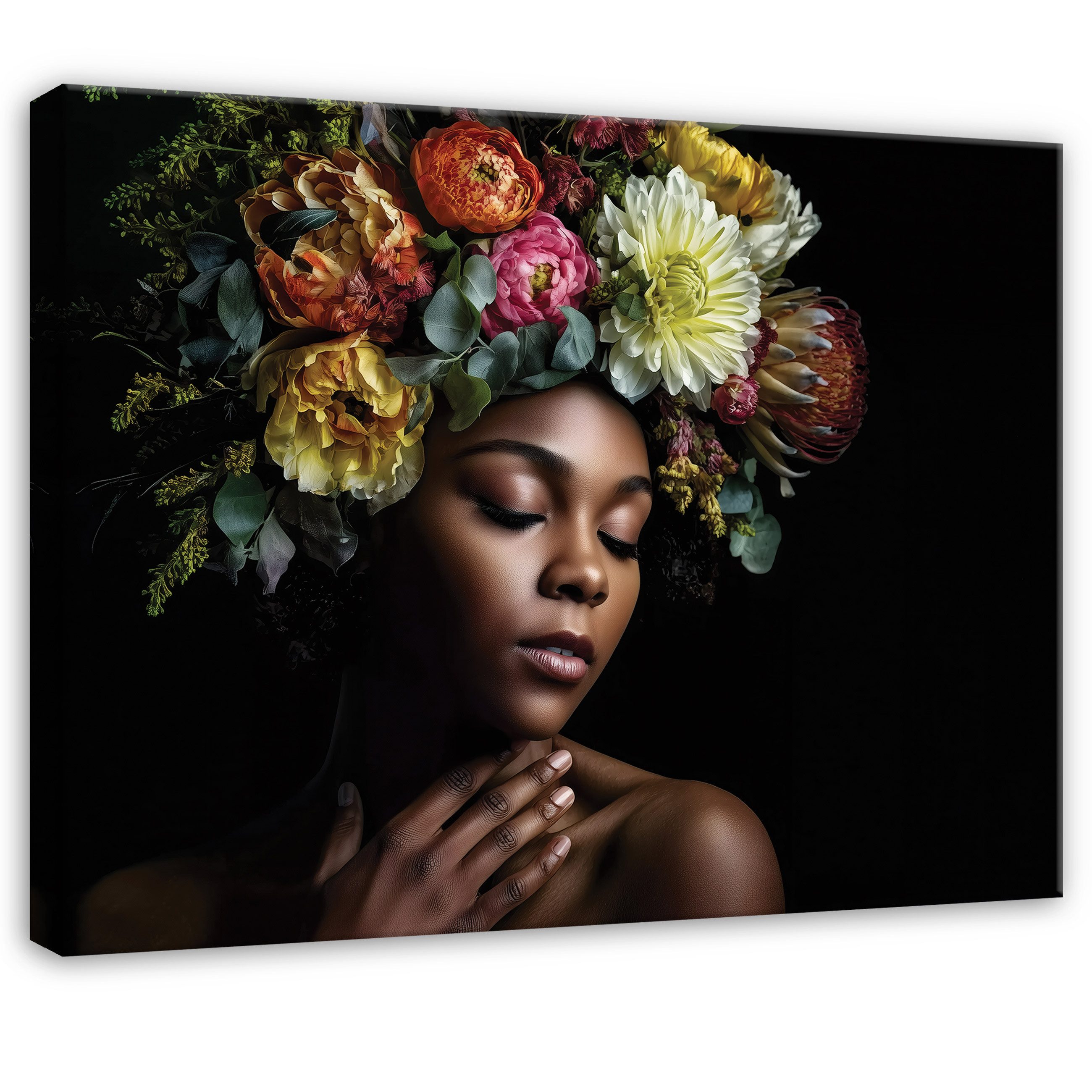 Leinwandbild Frau Blumen Natur Schwarz Modern Wandbilder Wand Deko XXL Bilder