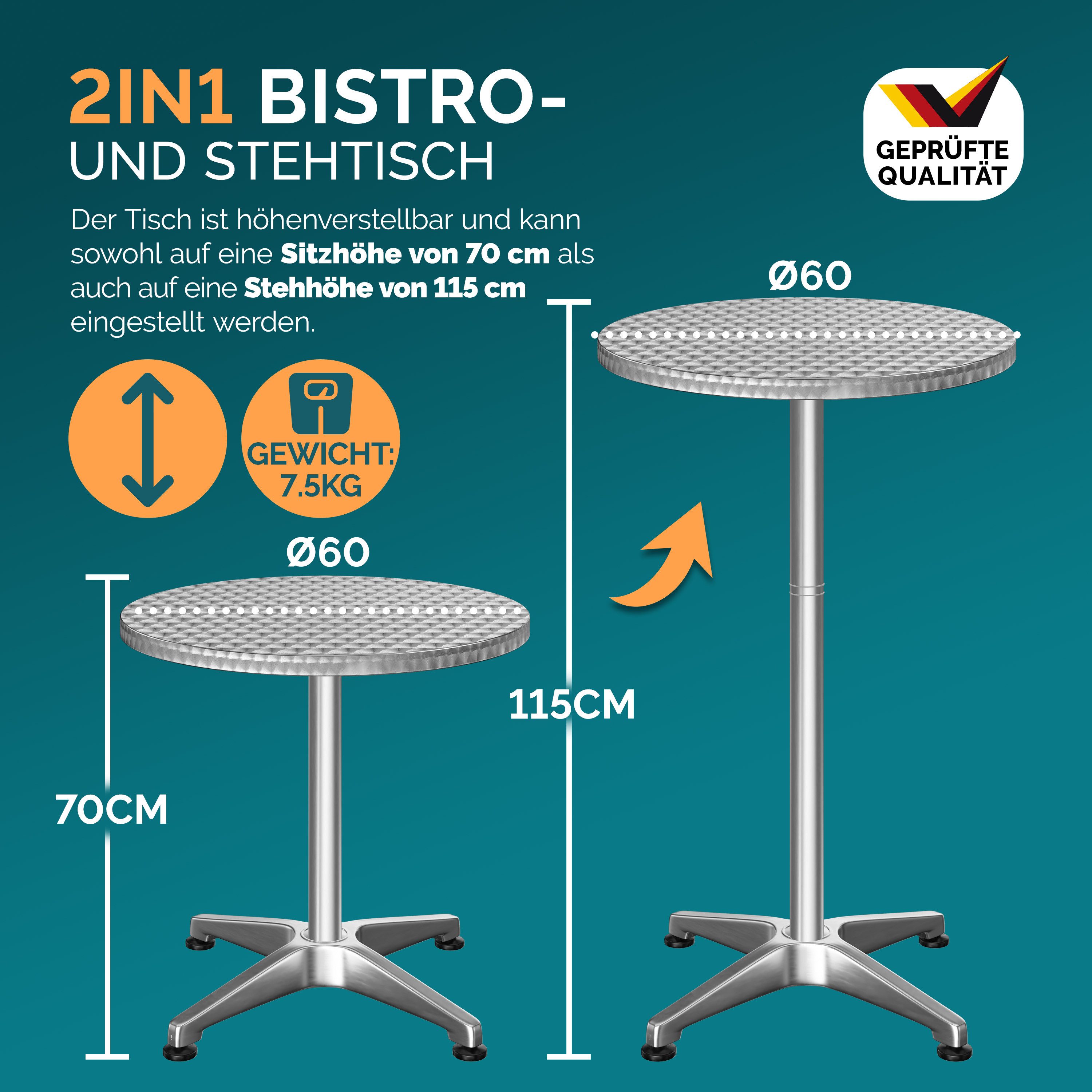 Casaria Stehtisch, mit Husse Klappbar Höhenverstellbar Hoch Alu Rund Ø60cm Wetterfest