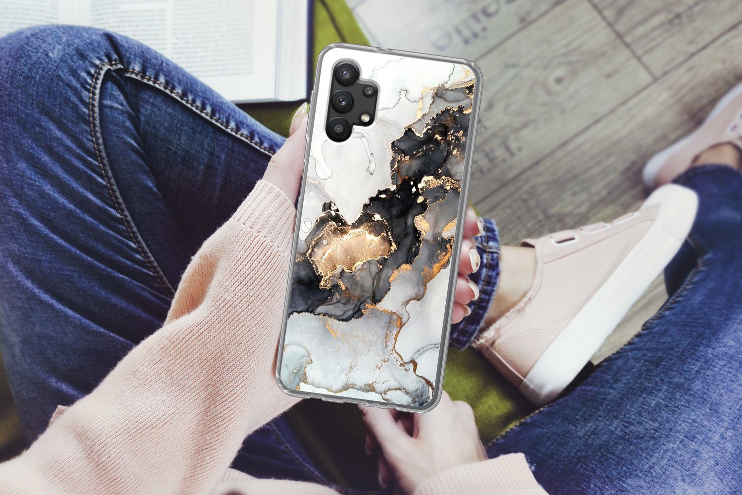 MuchoWow Handyhülle für Samsung Galaxy A32 5G Marmor - Schwarz - Weiß - Gold - Luxus - Abs, Smartphone-Bumper, Print, Handy Schutzhülle Dünn