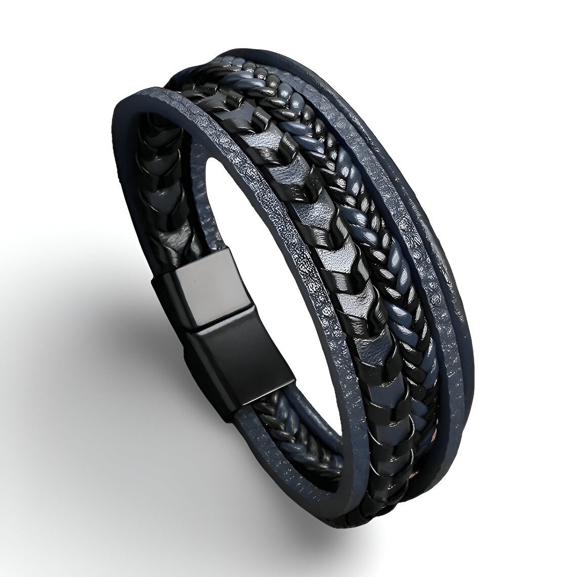 S&T Design Lederarmband Herren Armband Schwarz Braun Blau (inkl. Stoffetui, Handgefertigt), Geflochten Edelstahl Magnetverschluss Männer Geschenk