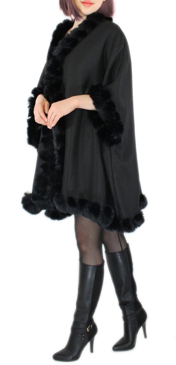 dy_mode Poncho Damen Poncho mit Innenfutter und Kunstfell in Unifarben und Meliert mit Innenfutter