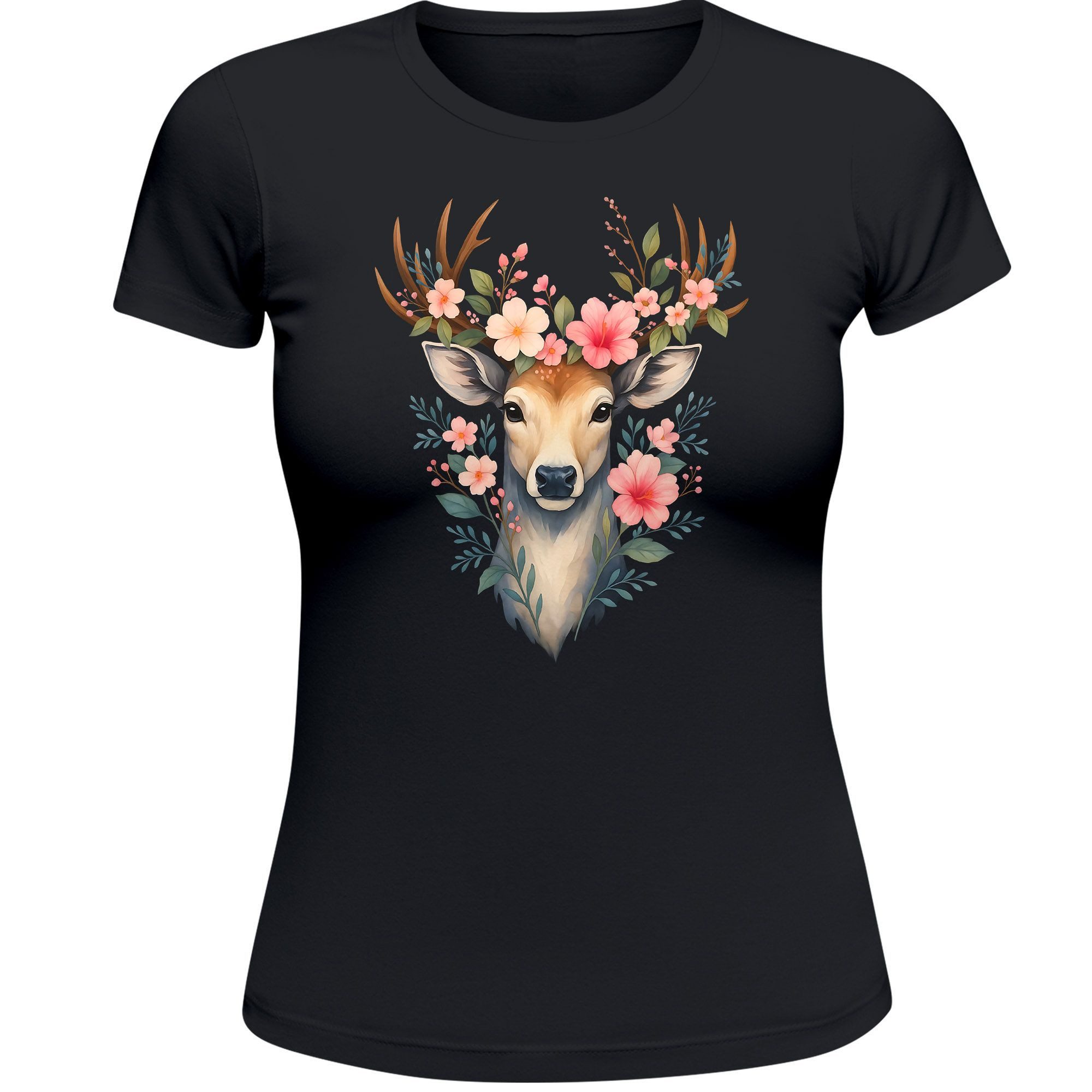 MoonWorks Print-Shirt Damen T-Shirt für das Oktoberfest Hirsch mit Blumenkranz Fun-Shirt mit Print