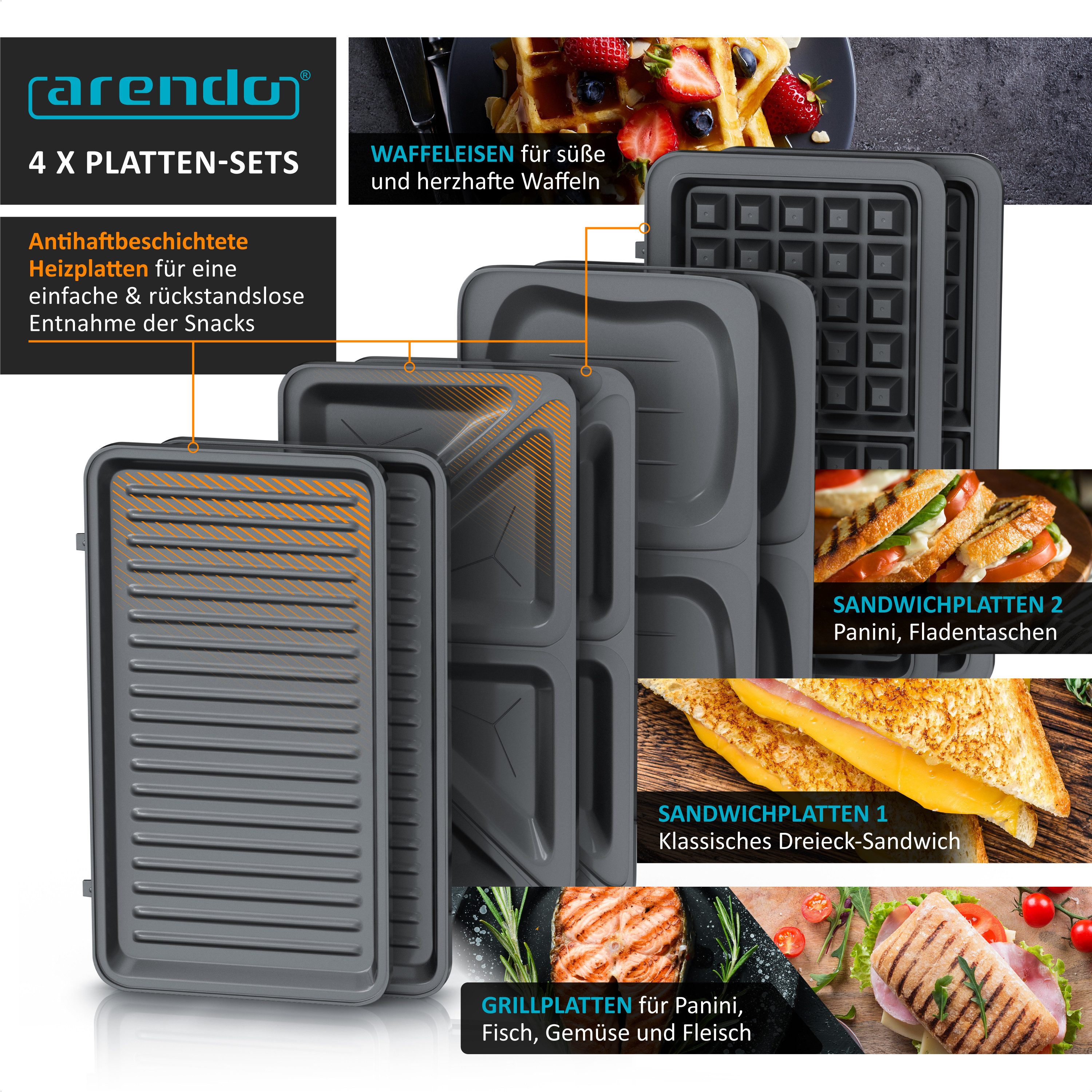 Arendo 3-in-1-Sandwichmaker 4in1 Sandwich Maker, Temperaturkontrolle, Cool Touch, BPA-frei, 900 W, Kabelaufwicklung, Antihaftbeschichtung, Anti-Rutsch-Füße