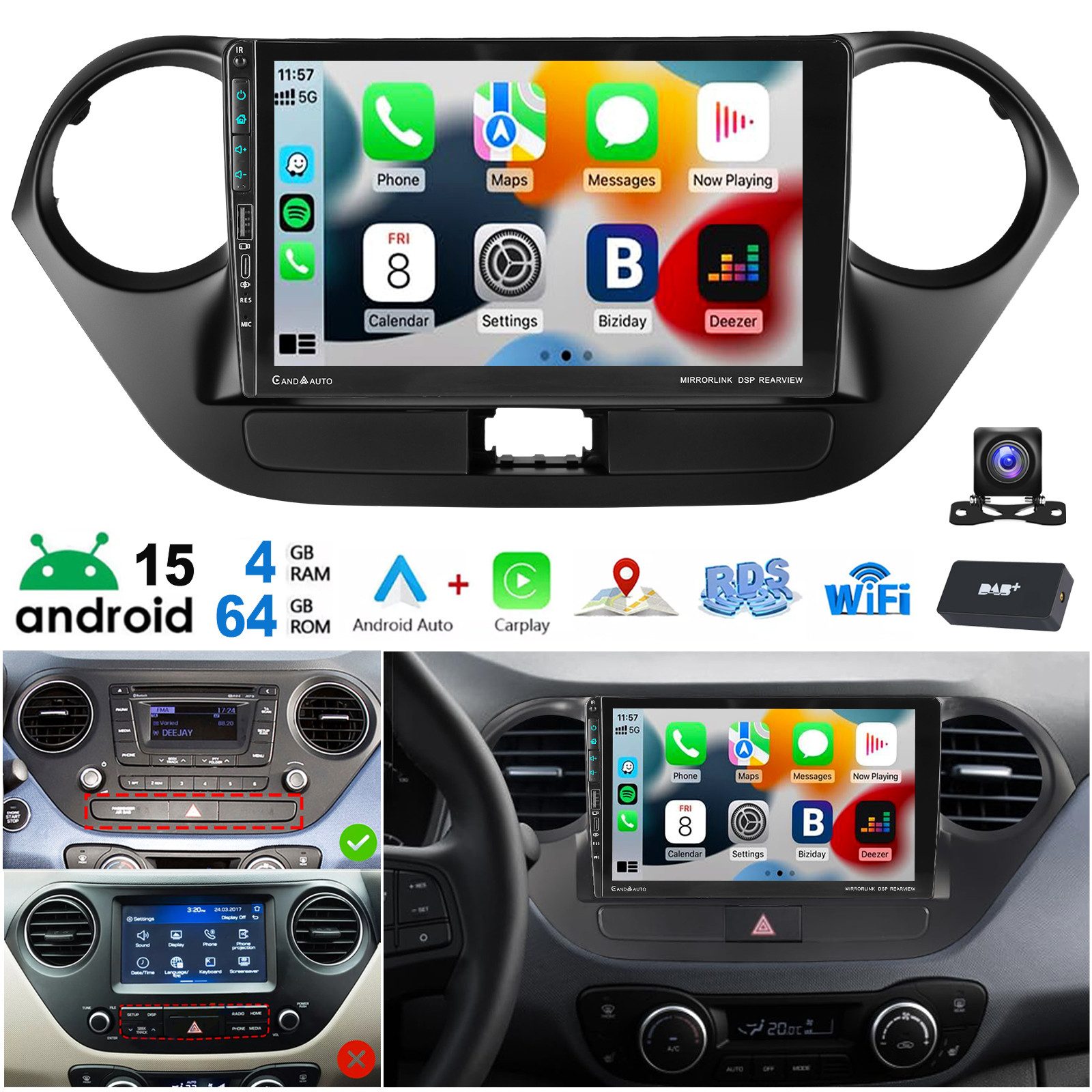 ESSGOO DAB+ Android 15 Für Hyundai i10 II IA/BA 2013-2016 CarPlay USB Type-C Autoradio (RDS, 4+64GB(optional), Digitalradio (DAB), FM, AM, Carplay Android Auto Bluetooth EQ USB GPS Navi WIFI Touchscreen)