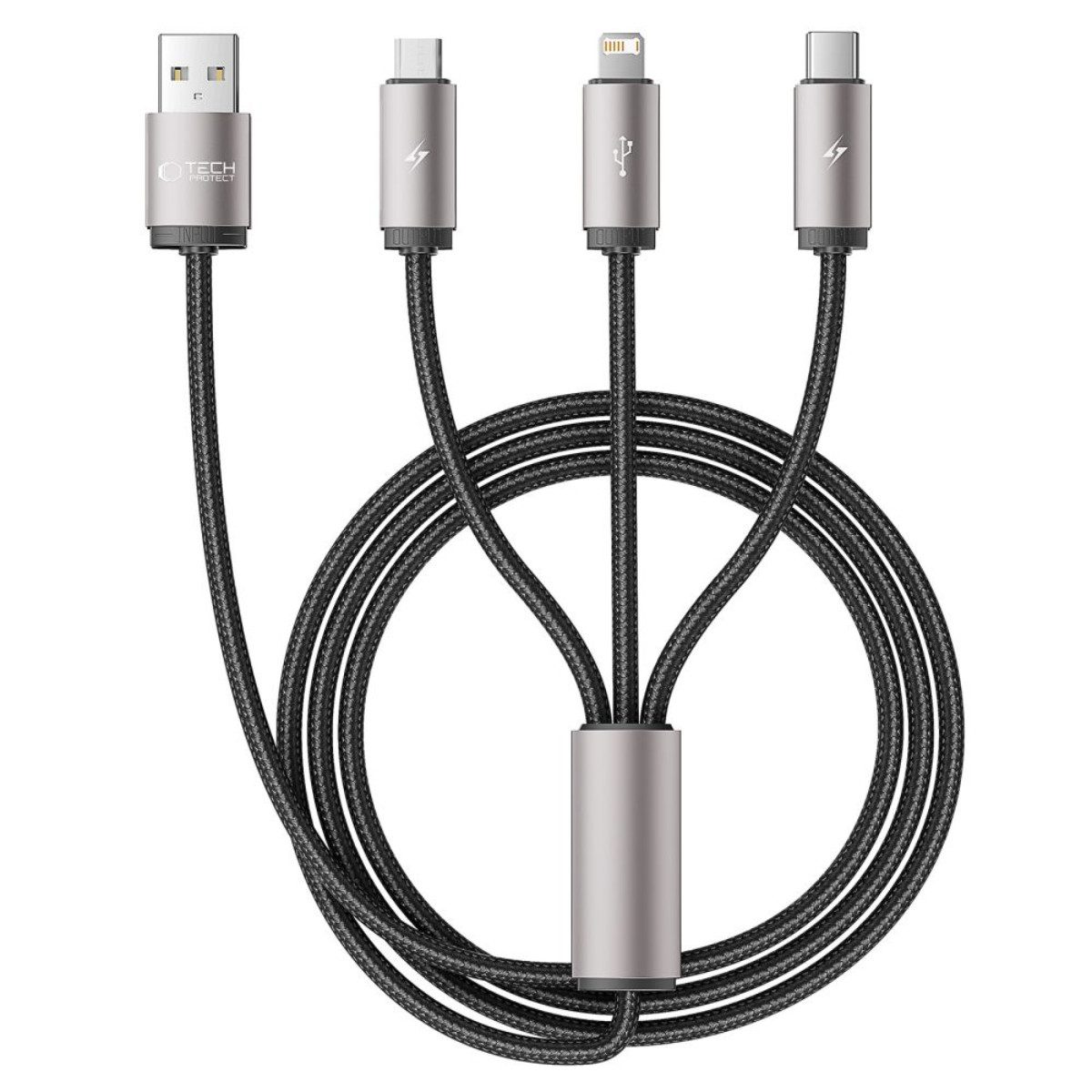 TECH PROTECT USB-Kabel, USB-A, USB-C, Micro-USB, Lightning (100 cm), 3in1 Ladekabel mit iPhone kompatiblem Anschluss