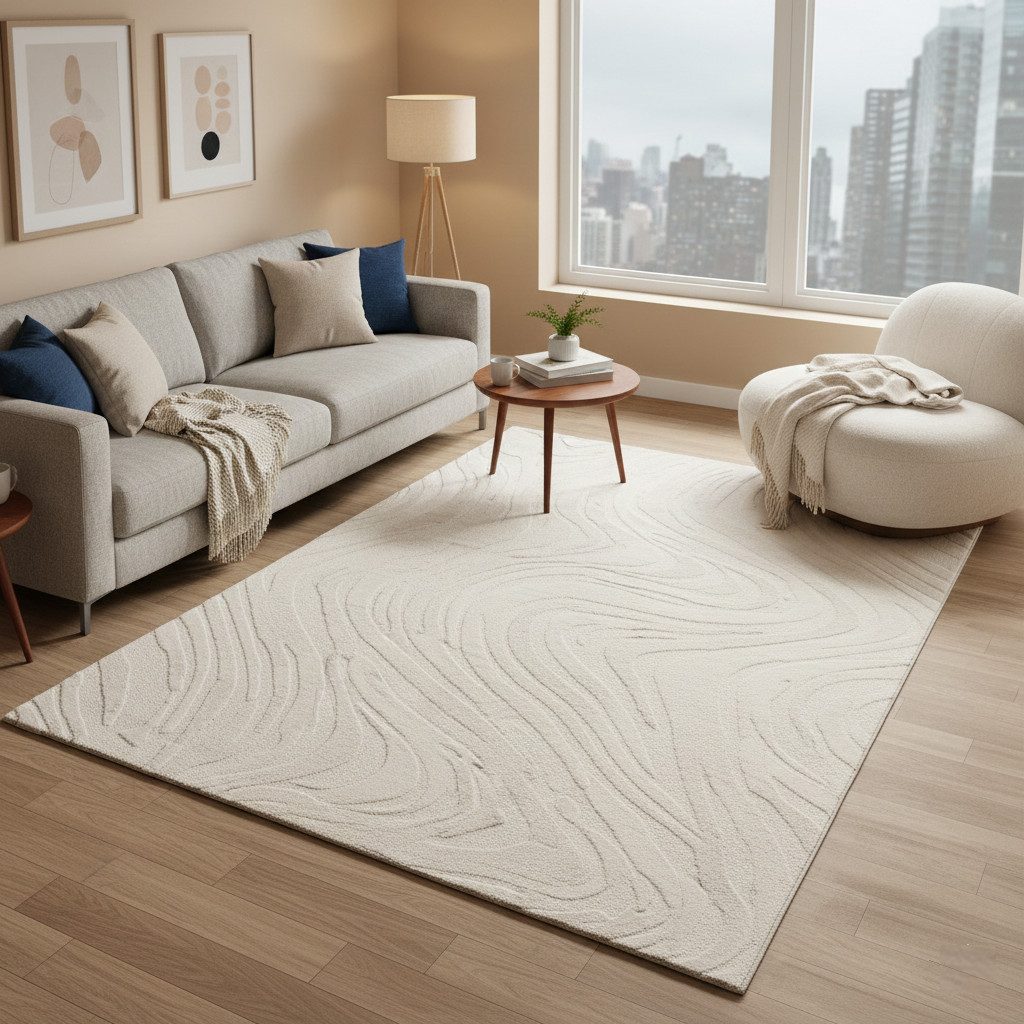 Vimoda Teppich Wellenmuster, modernerer Design, dicht & weich, Rund, Höhe: 11 mm, Uni, Läufer Creme, 3D Effekt, Wohnzimmer, Schlafzimmer