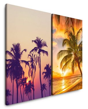 Sinus Art Leinwandbild 2 Bilder je 60x90cm Palmen Paradies Südsee Traumstrand Sommer Sonnenuntergang Beruhigend